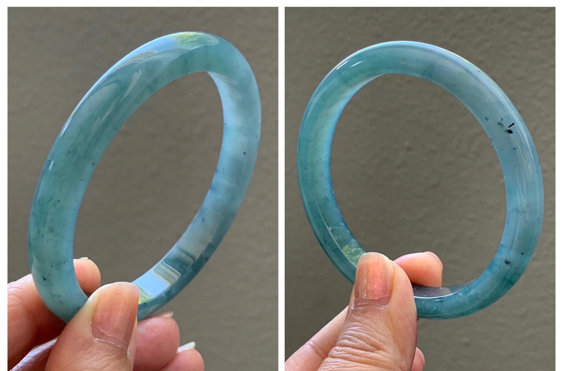 Certified Natural Grade A Guatemalan Icy Translucent Dusty Teal Green Wuji Marbled Jade Jadeite Bangle 56.9mm 7.03” 36.5g 天然冰危蓝绿乌鸡翡翠正圈手镯 214