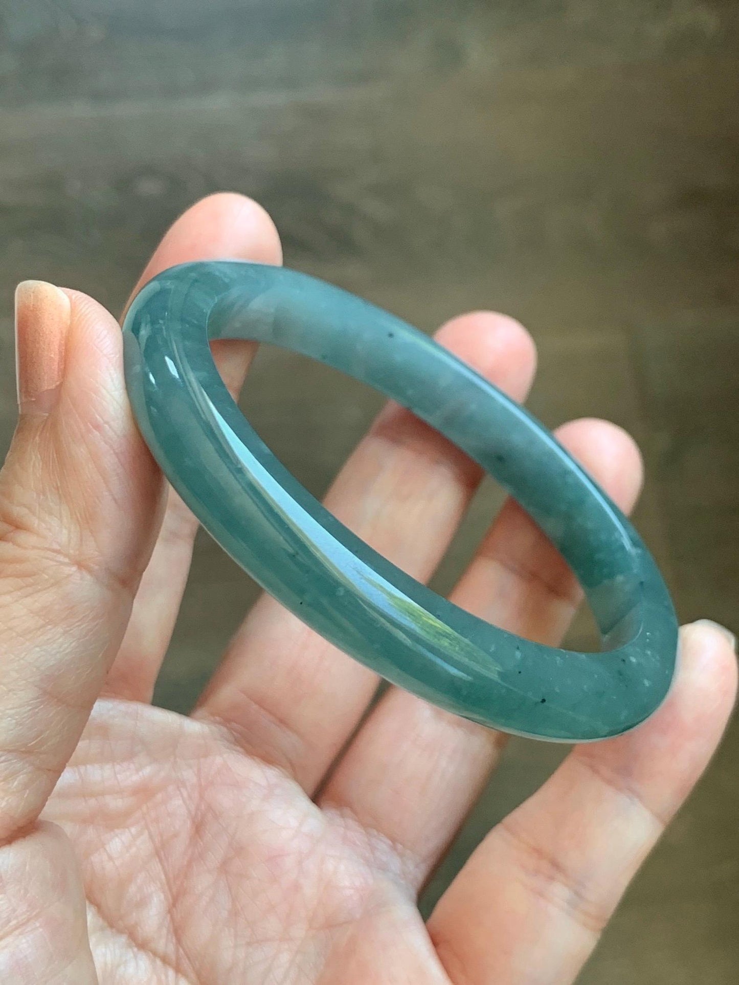 Certified Natural Grade A Guatemalan Icy Translucent Dusty Teal Green Wuji Marbled Jade Jadeite Bangle 56.9mm 7.03” 36.5g 天然冰危蓝绿乌鸡翡翠正圈手镯 214