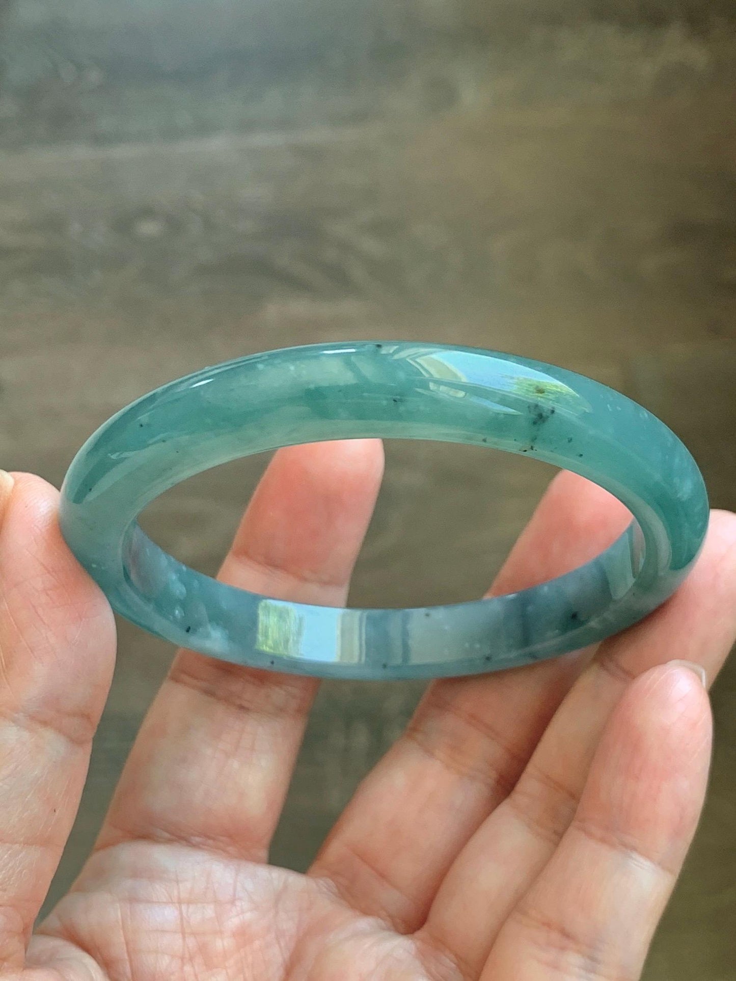 Certified Natural Grade A Guatemalan Icy Translucent Dusty Teal Green Wuji Marbled Jade Jadeite Bangle 56.9mm 7.03” 36.5g 天然冰危蓝绿乌鸡翡翠正圈手镯 214