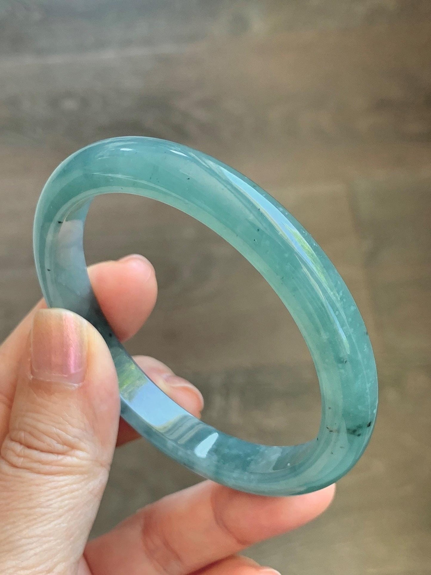 Certified Natural Grade A Guatemalan Icy Translucent Dusty Teal Green Wuji Marbled Jade Jadeite Bangle 56.9mm 7.03” 36.5g 天然冰危蓝绿乌鸡翡翠正圈手镯 214