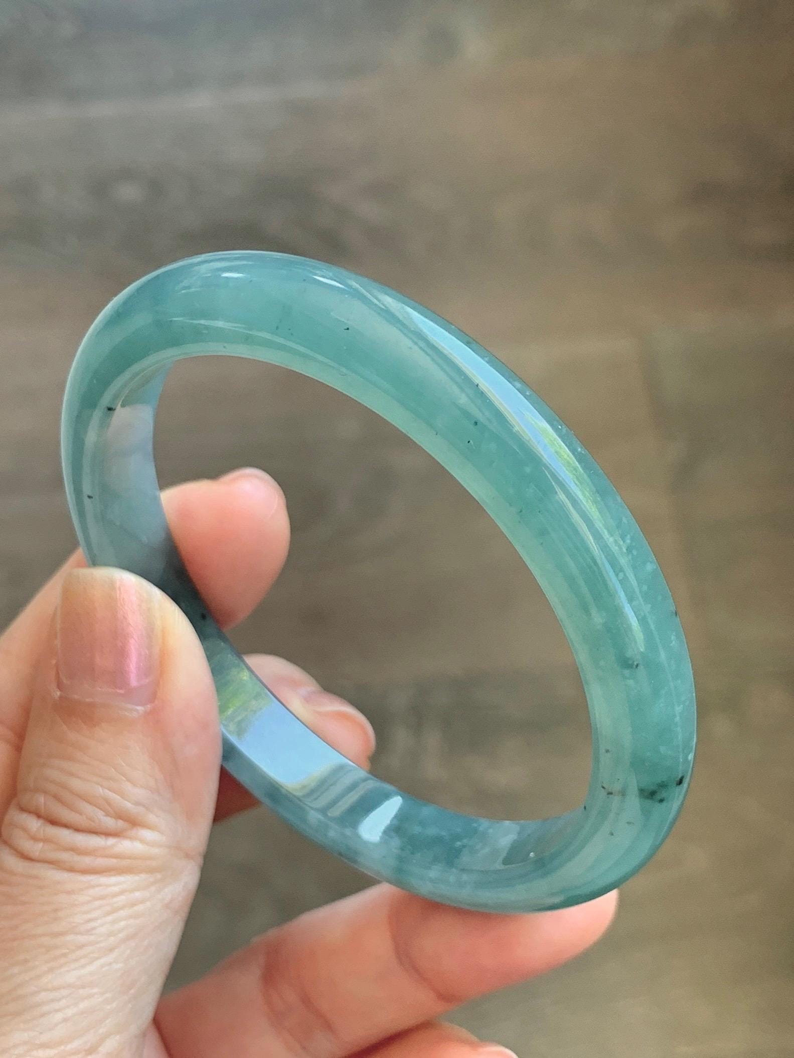 Certified Natural Grade A Guatemalan Icy Translucent Dusty Teal Green Wuji Marbled Jade Jadeite Bangle 56.9mm 7.03” 36.5g 天然冰危蓝绿乌鸡翡翠正圈手镯 214