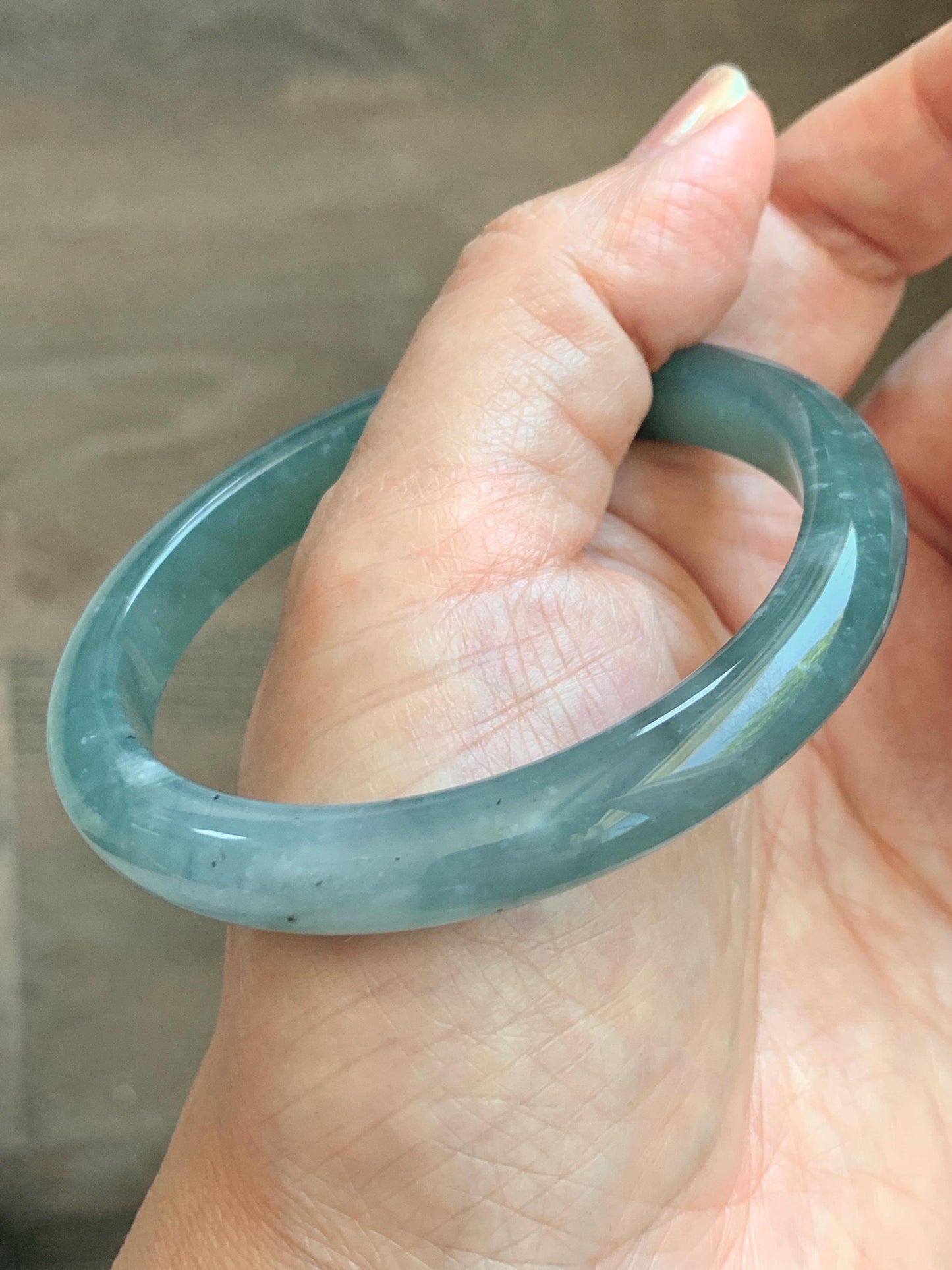 Certified Natural Grade A Guatemalan Icy Translucent Dusty Teal Green Wuji Marbled Jade Jadeite Bangle 56.9mm 7.03” 36.5g 天然冰危蓝绿乌鸡翡翠正圈手镯 214