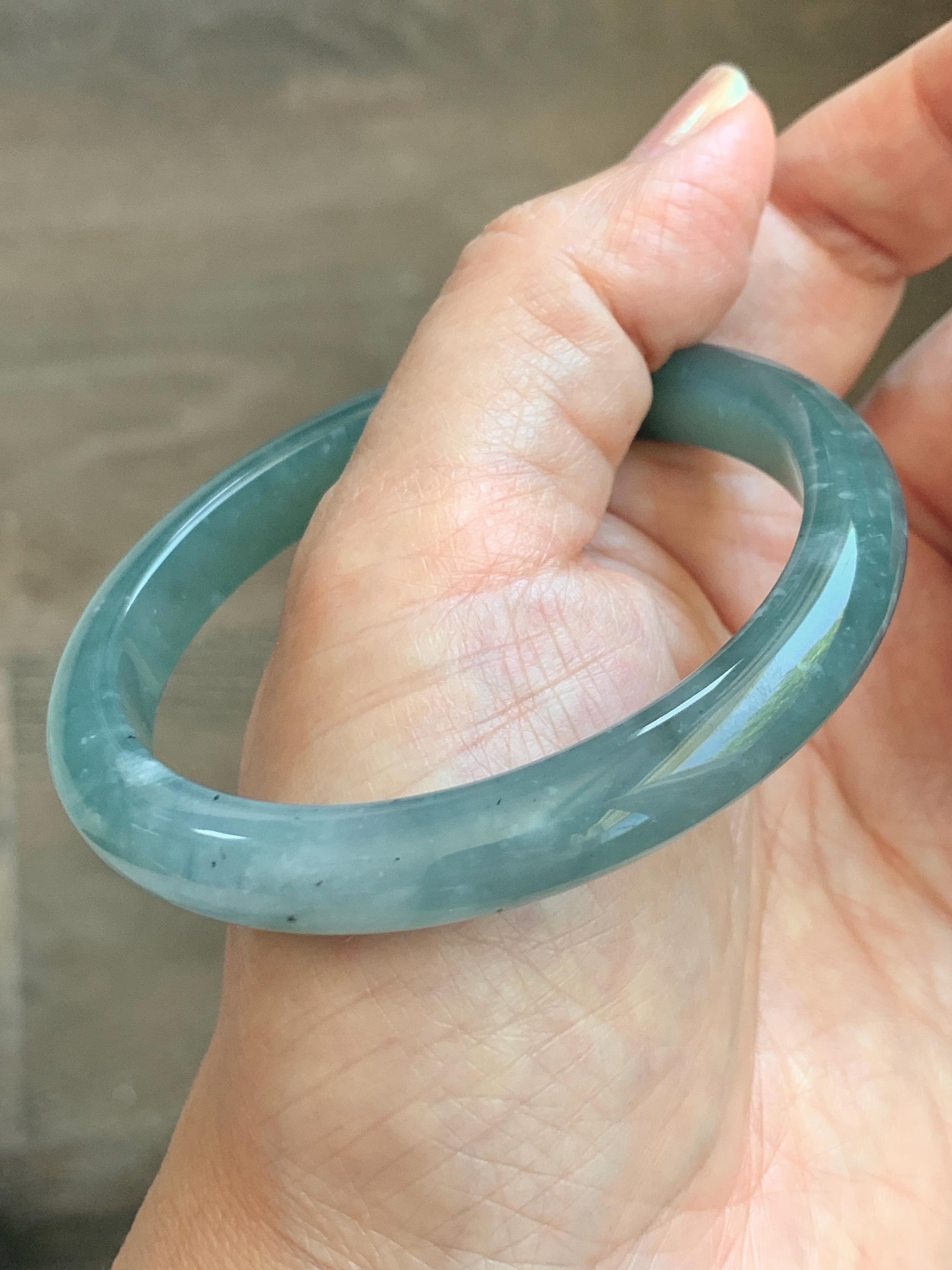 Certified Natural Grade A Guatemalan Icy Translucent Dusty Teal Green Wuji Marbled Jade Jadeite Bangle 56.9mm 7.03” 36.5g 天然冰危蓝绿乌鸡翡翠正圈手镯 214