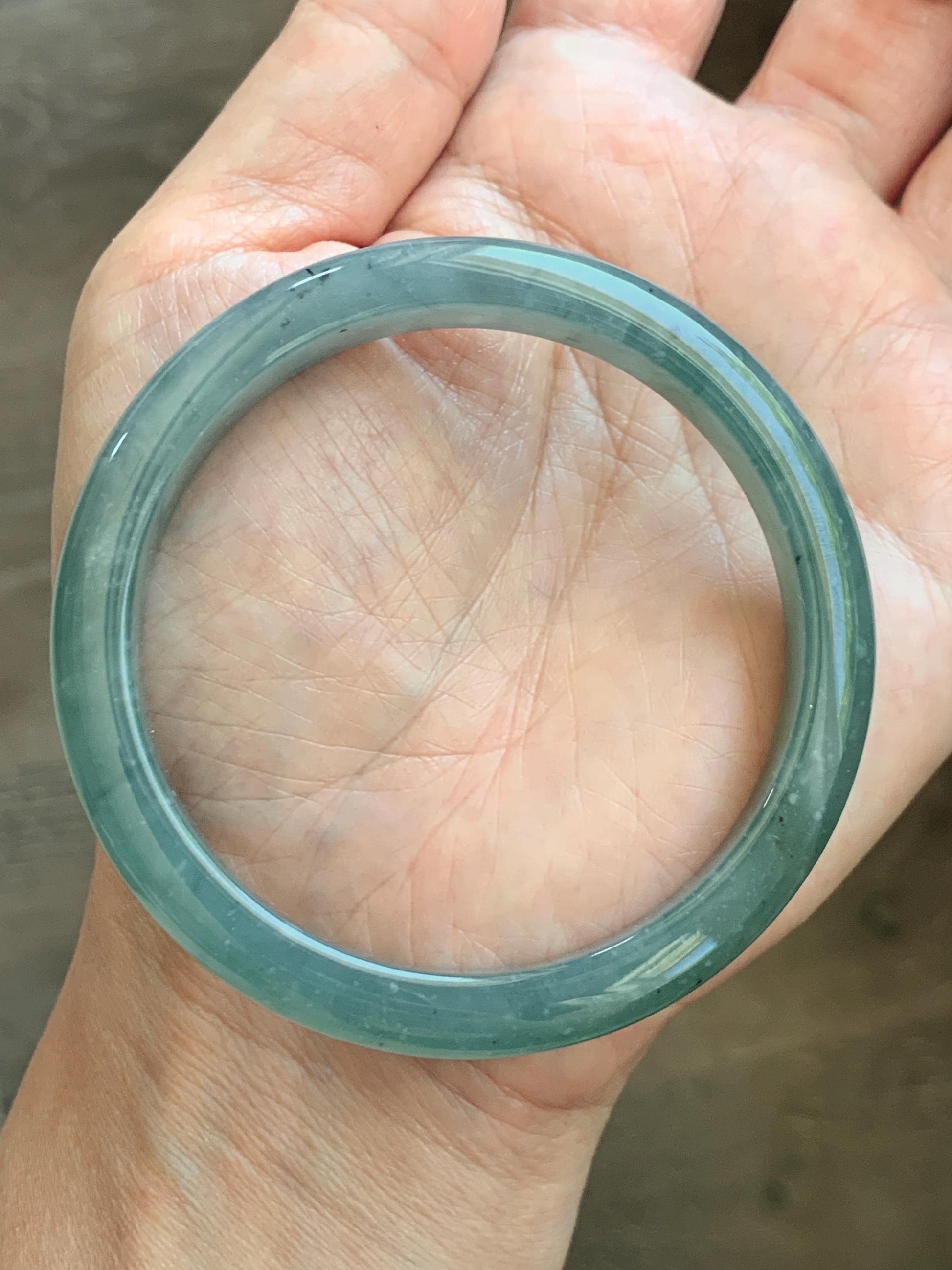Certified Natural Grade A Guatemalan Icy Translucent Dusty Teal Green Wuji Marbled Jade Jadeite Bangle 56.9mm 7.03” 36.5g 天然冰危蓝绿乌鸡翡翠正圈手镯 214
