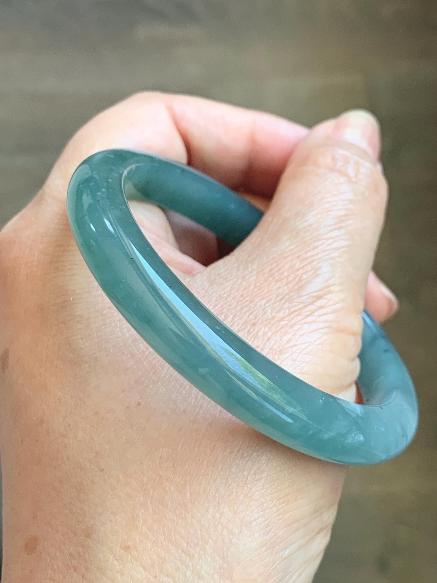 Certified Natural Grade A Guatemalan Icy Translucent Dusty Teal Green Wuji Marbled Jade Jadeite Bangle 56.9mm 7.03” 36.5g 天然冰危蓝绿乌鸡翡翠正圈手镯 214