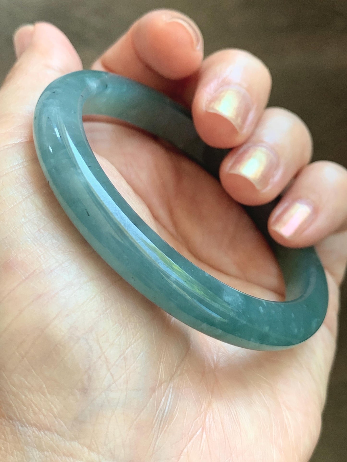 Certified Natural Grade A Guatemalan Icy Translucent Dusty Teal Green Wuji Marbled Jade Jadeite Bangle 56.9mm 7.03” 36.5g 天然冰危蓝绿乌鸡翡翠正圈手镯 214