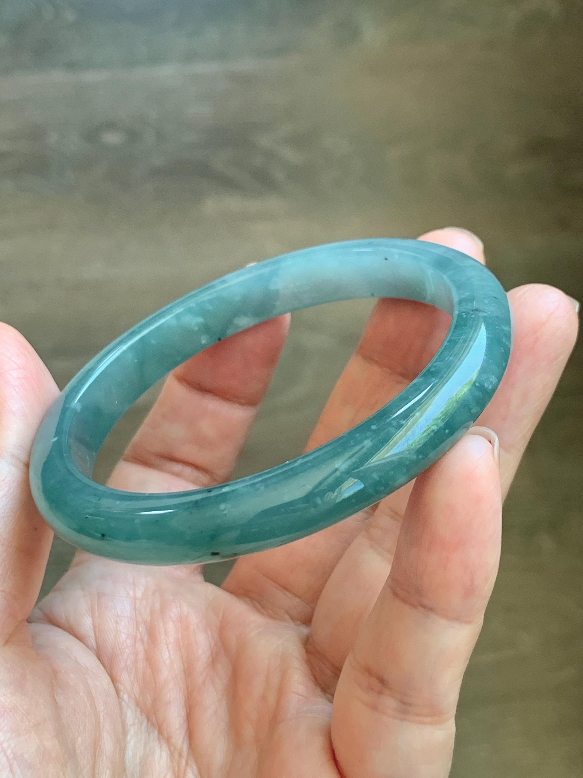 Certified Natural Grade A Guatemalan Icy Translucent Dusty Teal Green Wuji Marbled Jade Jadeite Bangle 56.9mm 7.03” 36.5g 天然冰危蓝绿乌鸡翡翠正圈手镯 214