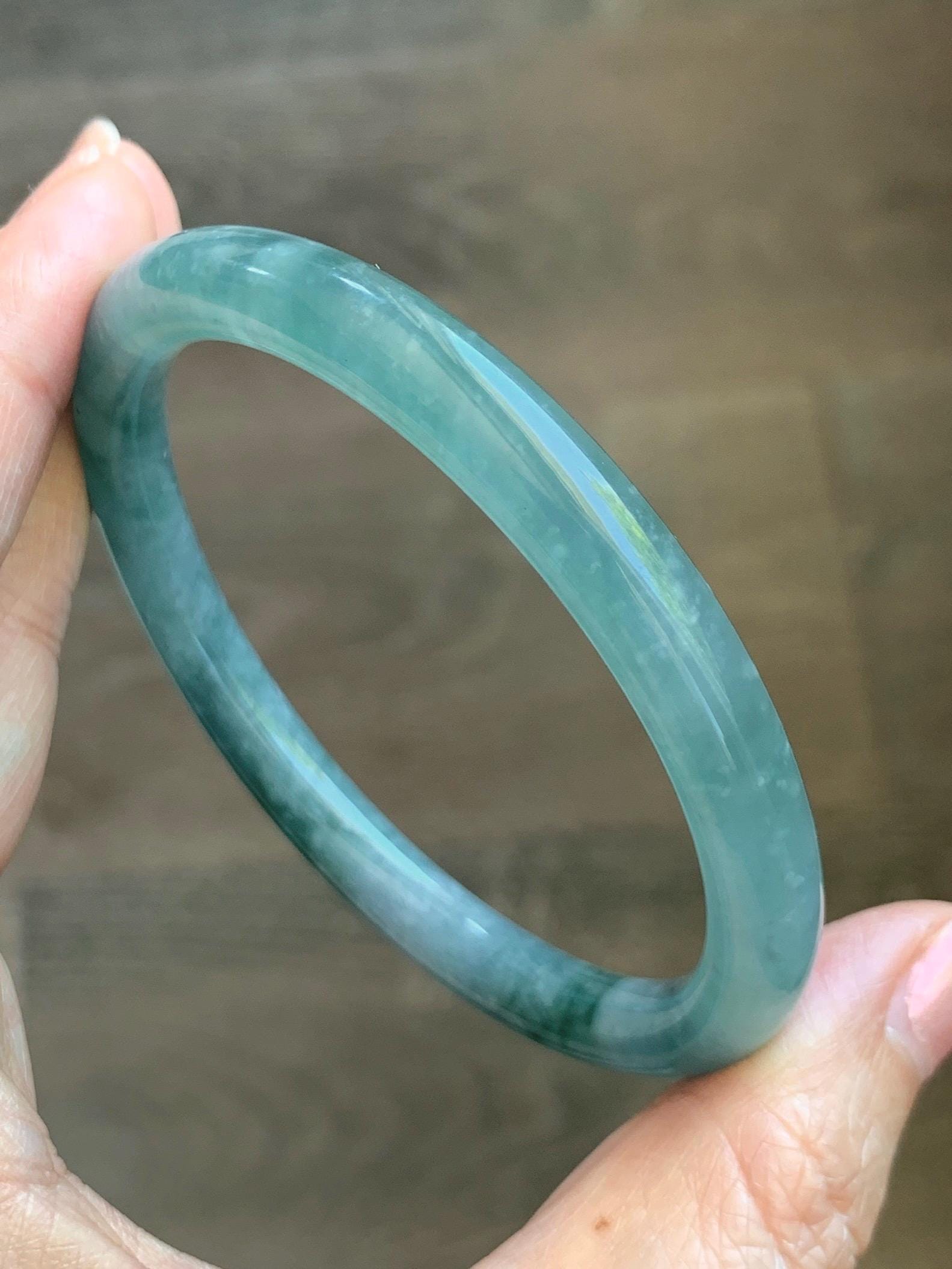 Certified Natural Grade A Guatemalan Icy Translucent Dusty Teal Green Jade Jadeite Bangle Bracelet 59.77mm 7.39” 32g 天然冰危蓝绿翡翠圆条手镯 199