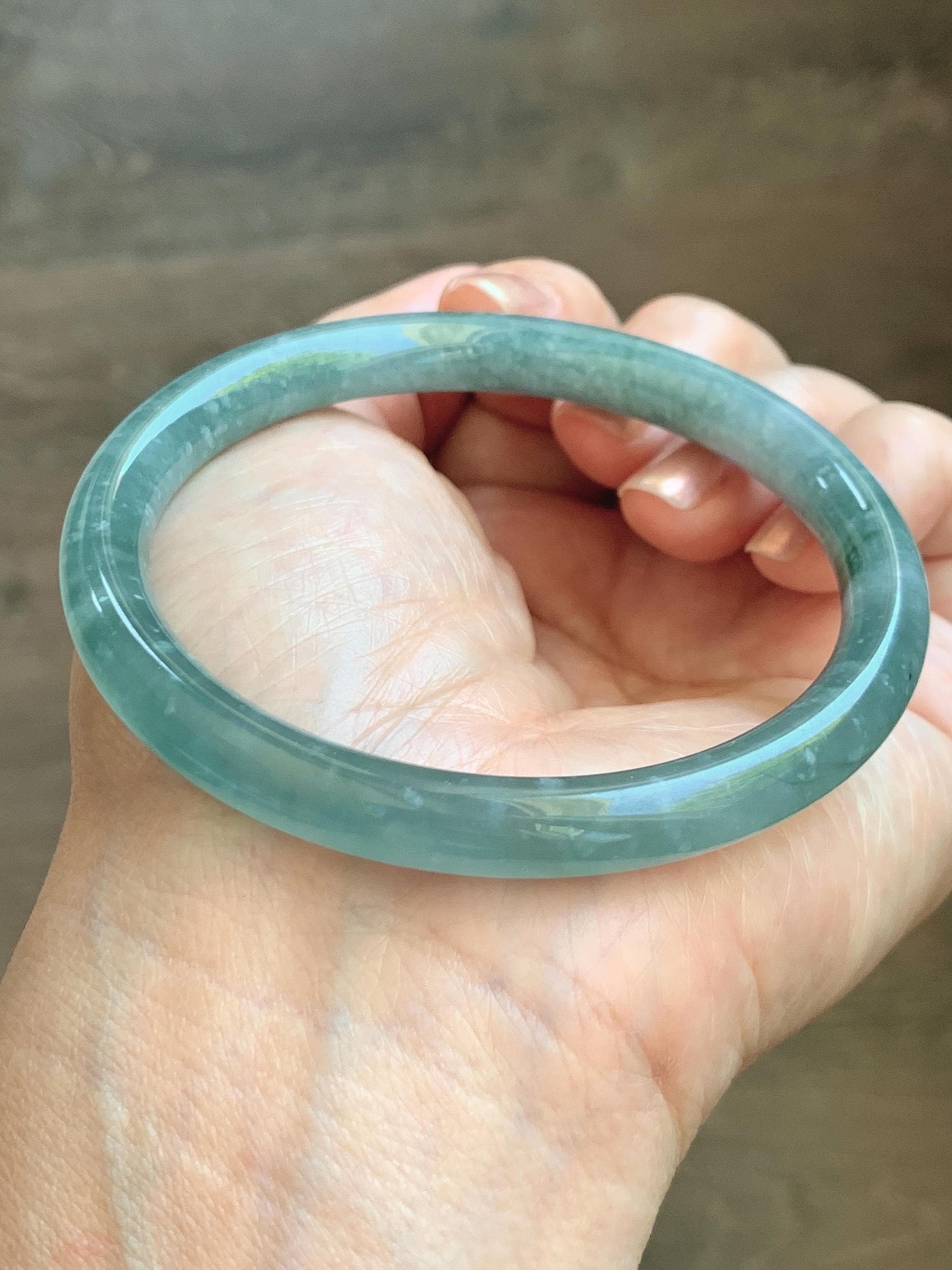 Certified Natural Grade A Guatemalan Icy Translucent Dusty Teal Green Jade Jadeite Bangle Bracelet 59.77mm 7.39” 32g 天然冰危蓝绿翡翠圆条手镯 199