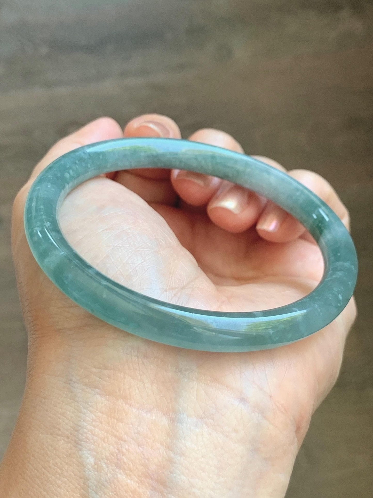 Certified Natural Grade A Guatemalan Icy Translucent Dusty Teal Green Jade Jadeite Bangle Bracelet 59.77mm 7.39” 32g 天然冰危蓝绿翡翠圆条手镯 199