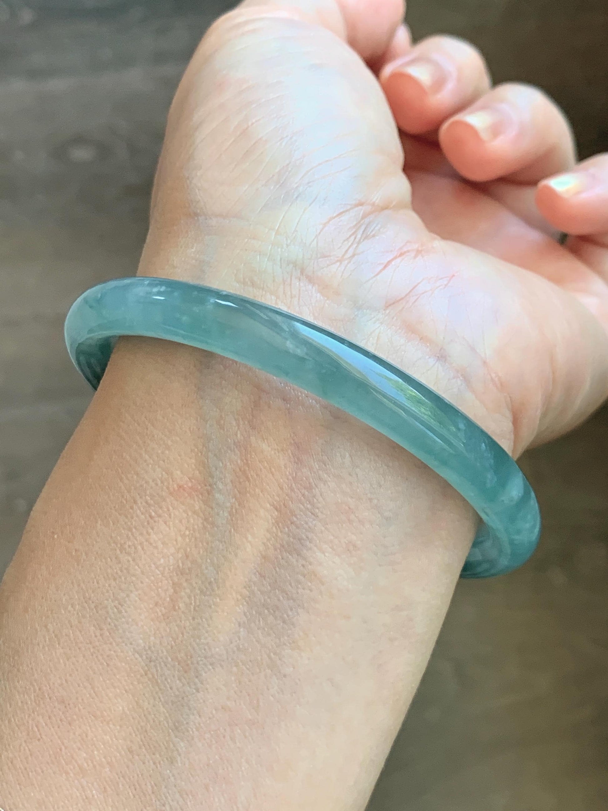 Certified Natural Grade A Guatemalan Icy Translucent Dusty Teal Green Jade Jadeite Bangle Bracelet 59.77mm 7.39” 32g 天然冰危蓝绿翡翠圆条手镯 199