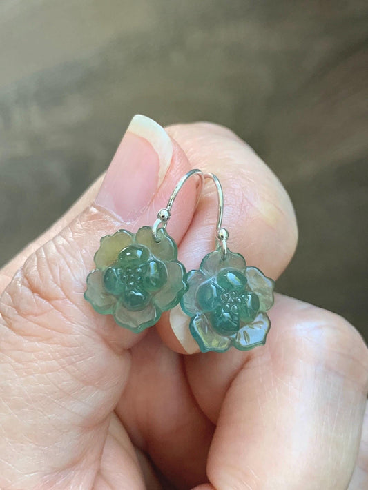 Natural Grade A Guatemalan Icy Translucent Teal Blue Yellow Marbled Jade Jadeite Lotus Flower Earrings Sterling Silver 天然冰危蓝翡翠莲花耳钩 WLG88C