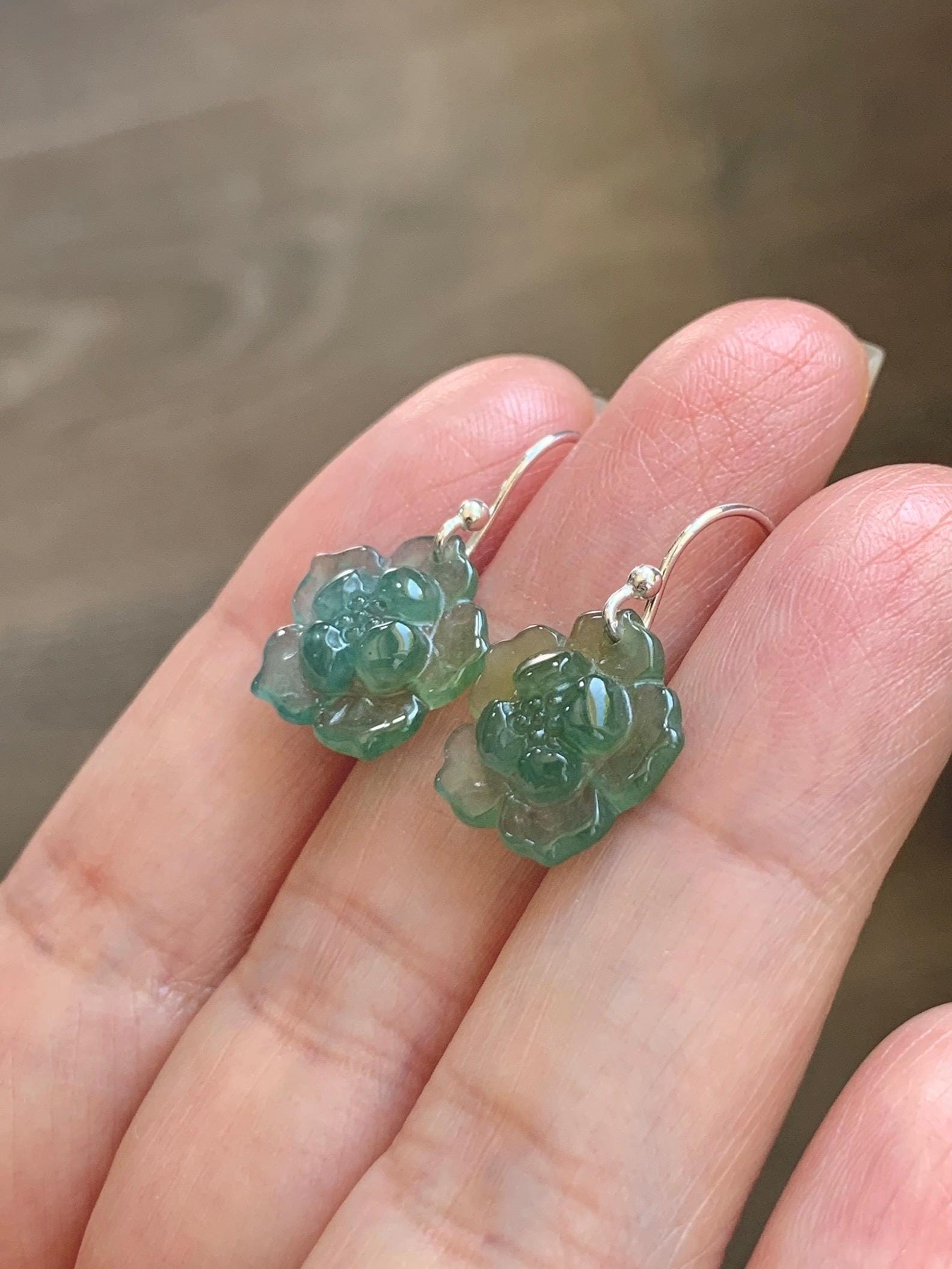 Natural Grade A Guatemalan Icy Translucent Teal Blue Yellow Marbled Jade Jadeite Lotus Flower Earrings Sterling Silver 天然冰危蓝翡翠莲花耳钩 WLG88C