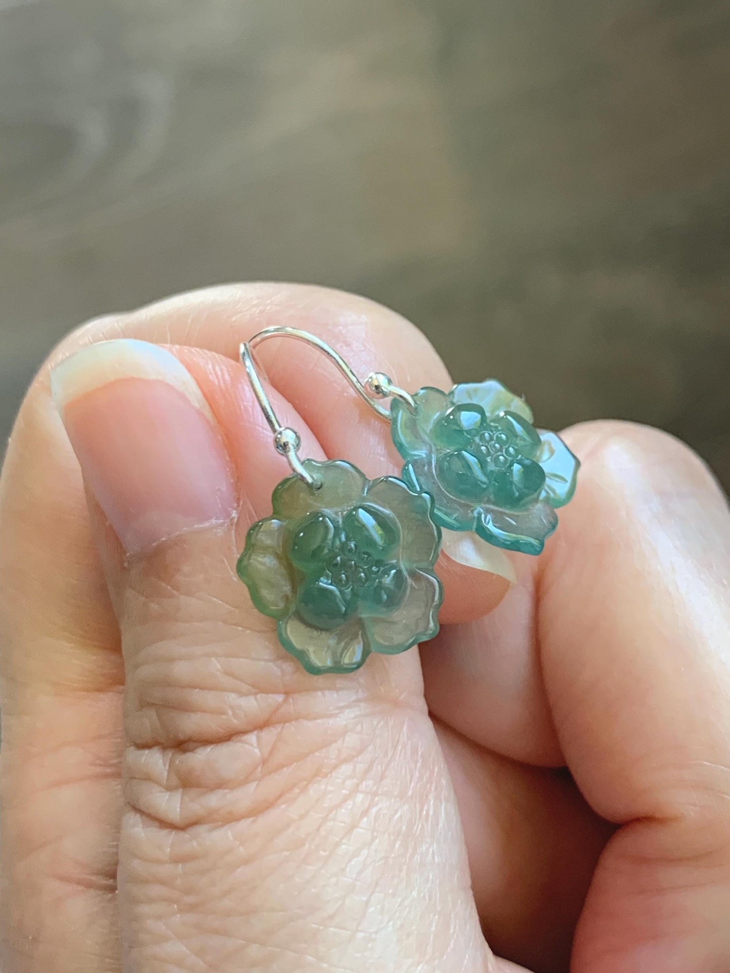 Natural Grade A Guatemalan Icy Translucent Teal Blue Yellow Marbled Jade Jadeite Lotus Flower Earrings Sterling Silver 天然冰危蓝翡翠莲花耳钩 WLG88C