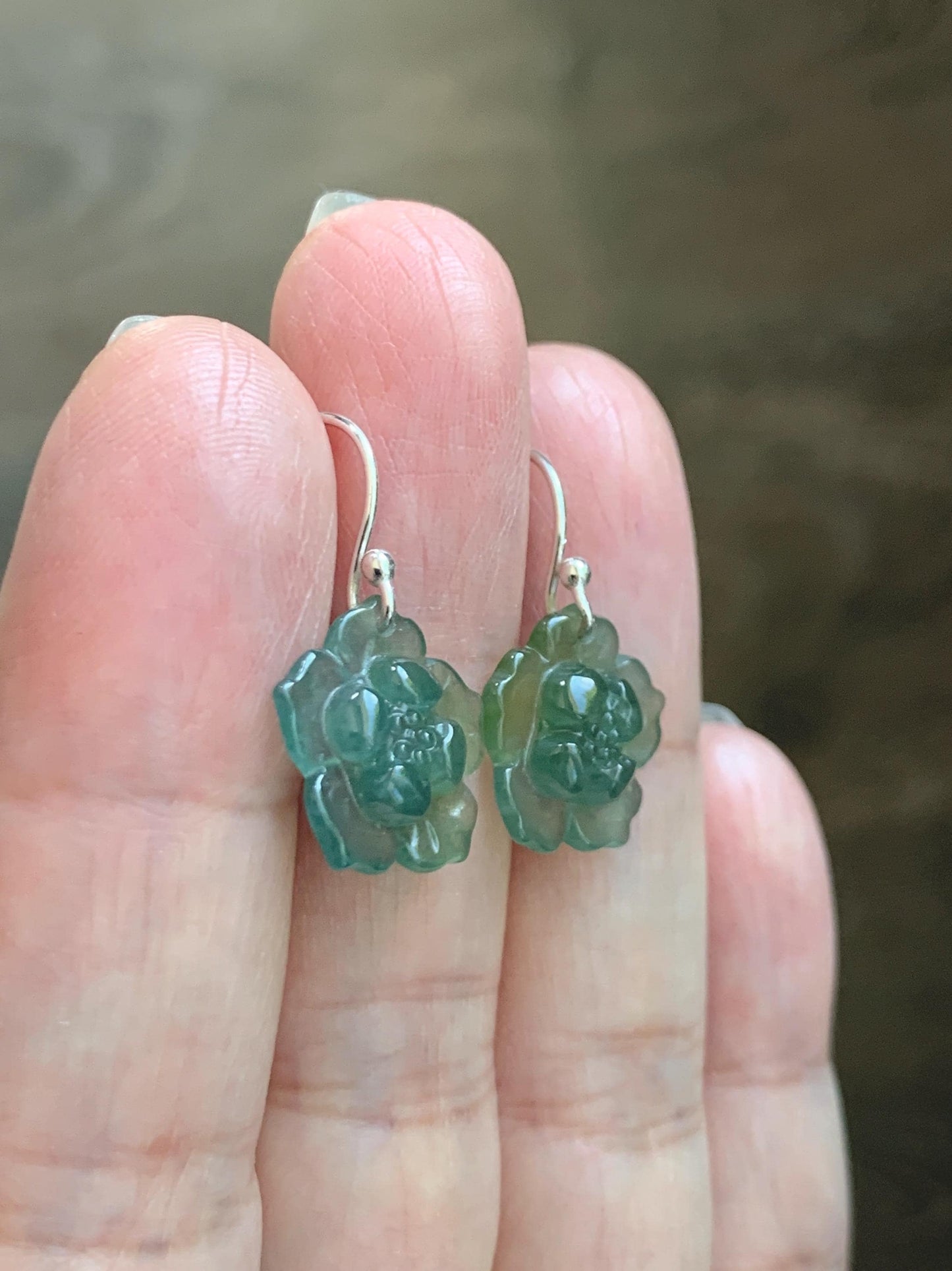 Natural Grade A Guatemalan Icy Translucent Teal Blue Yellow Marbled Jade Jadeite Lotus Flower Earrings Sterling Silver 天然冰危蓝翡翠莲花耳钩 WLG88C