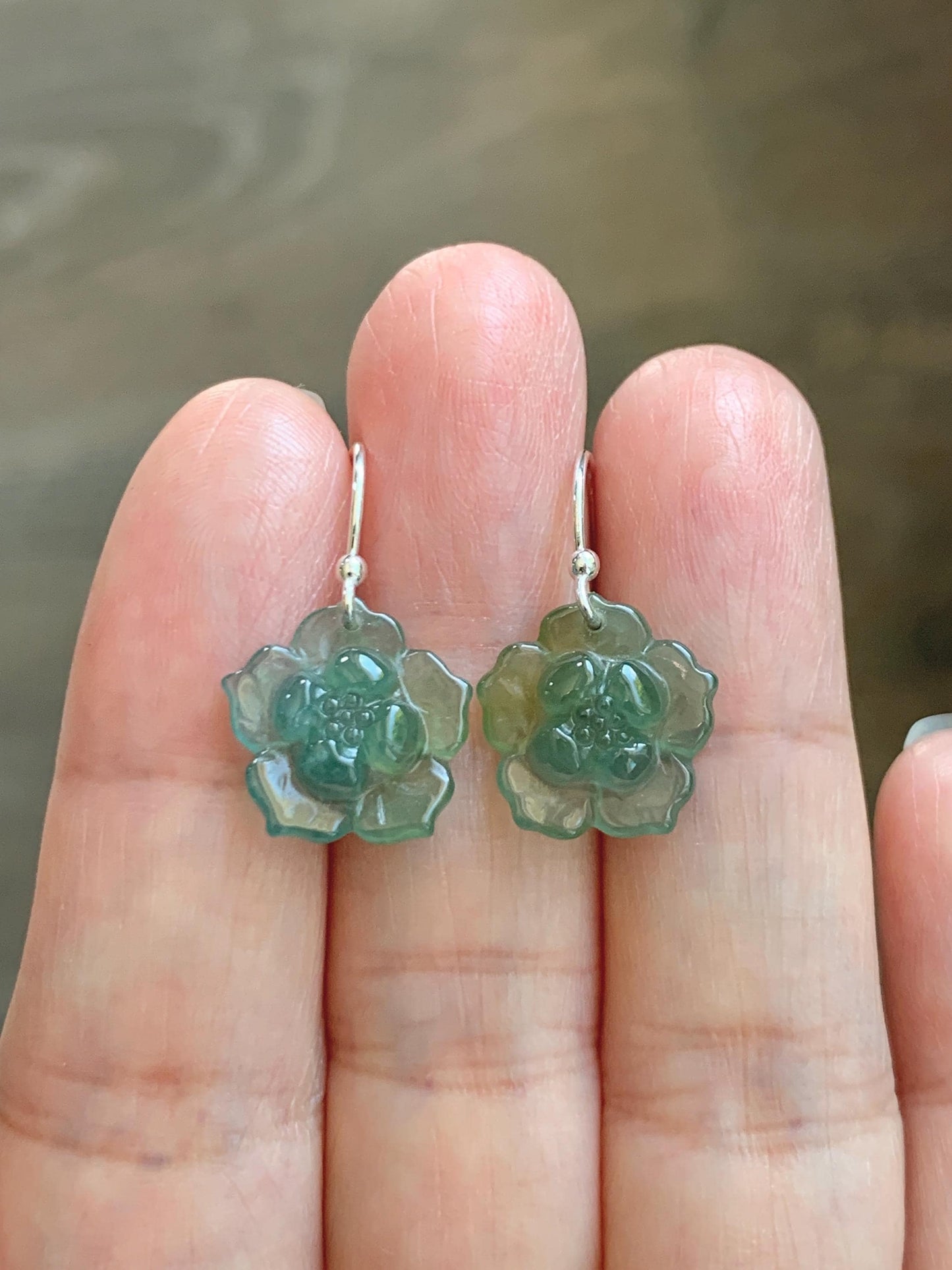 Natural Grade A Guatemalan Icy Translucent Teal Blue Yellow Marbled Jade Jadeite Lotus Flower Earrings Sterling Silver 天然冰危蓝翡翠莲花耳钩 WLG88C