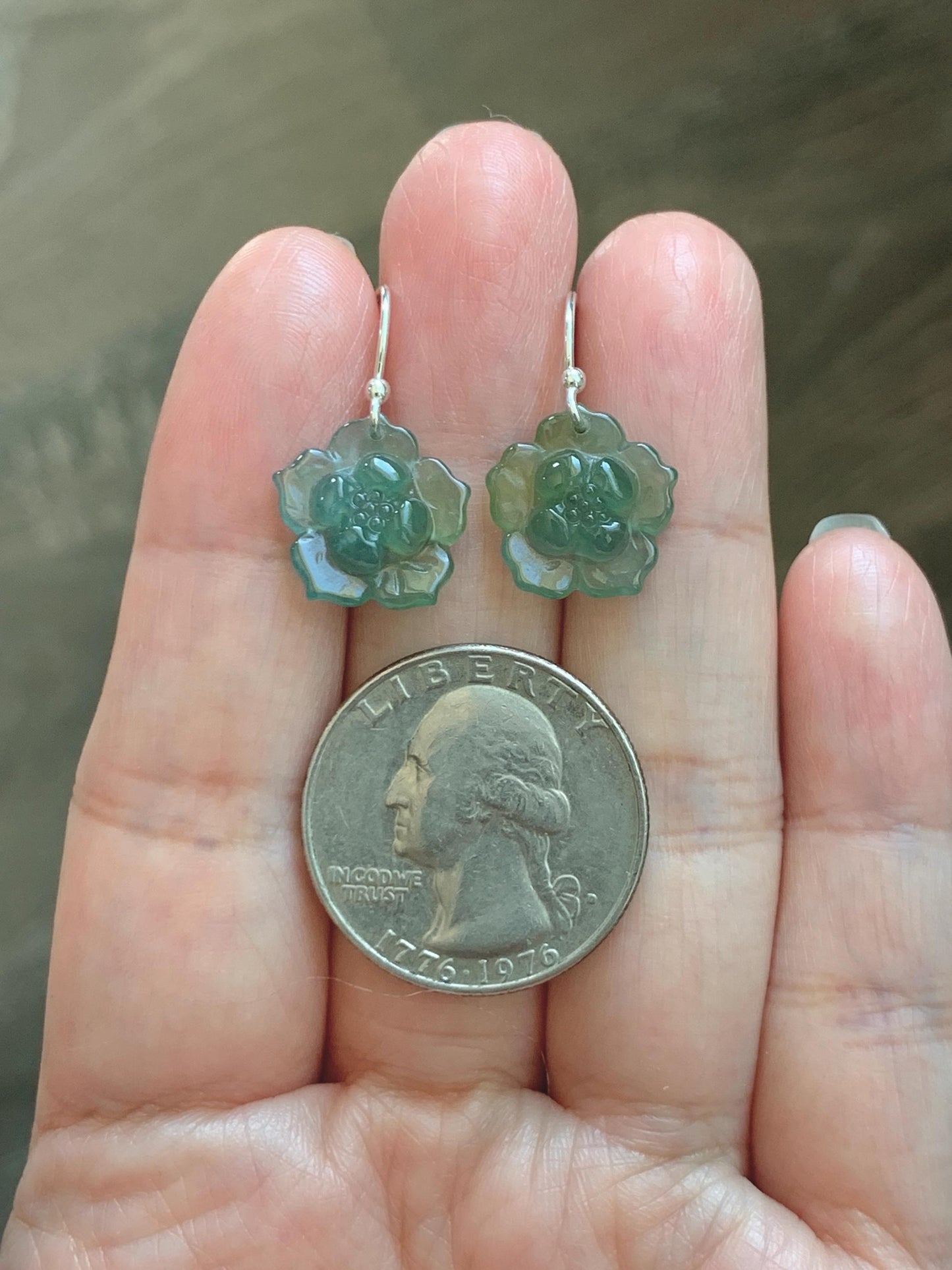 Natural Grade A Guatemalan Icy Translucent Teal Blue Yellow Marbled Jade Jadeite Lotus Flower Earrings Sterling Silver 天然冰危蓝翡翠莲花耳钩 WLG88C
