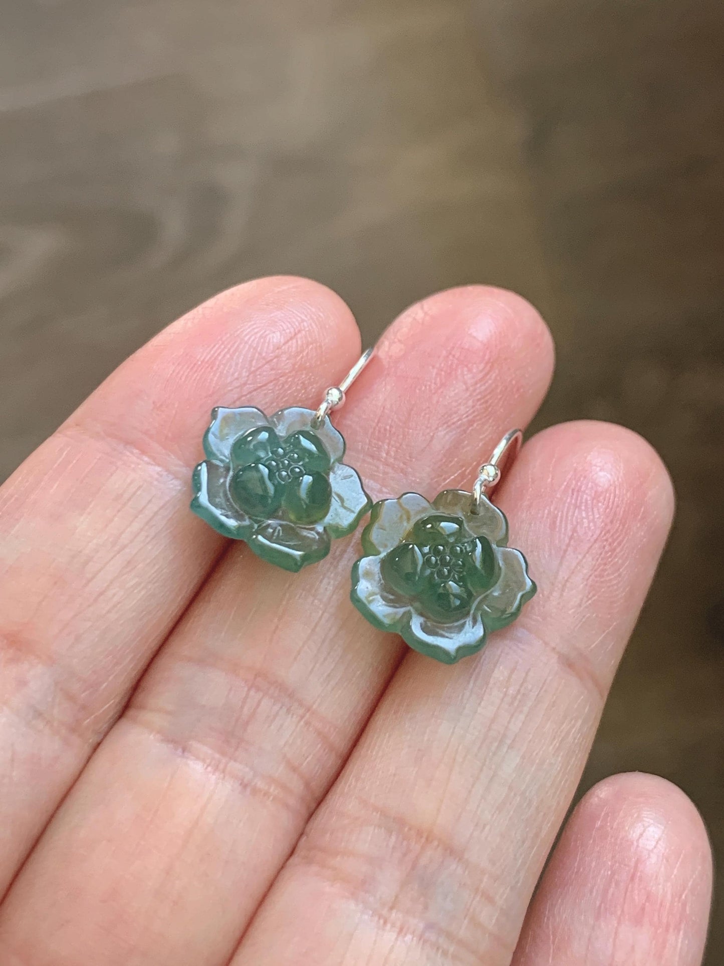 Natural Grade A Guatemalan Icy Translucent Teal Blue Yellow Marbled Jade Jadeite Lotus Flower Earrings Sterling Silver 天然冰危蓝翡翠莲花耳钩 WLG88C