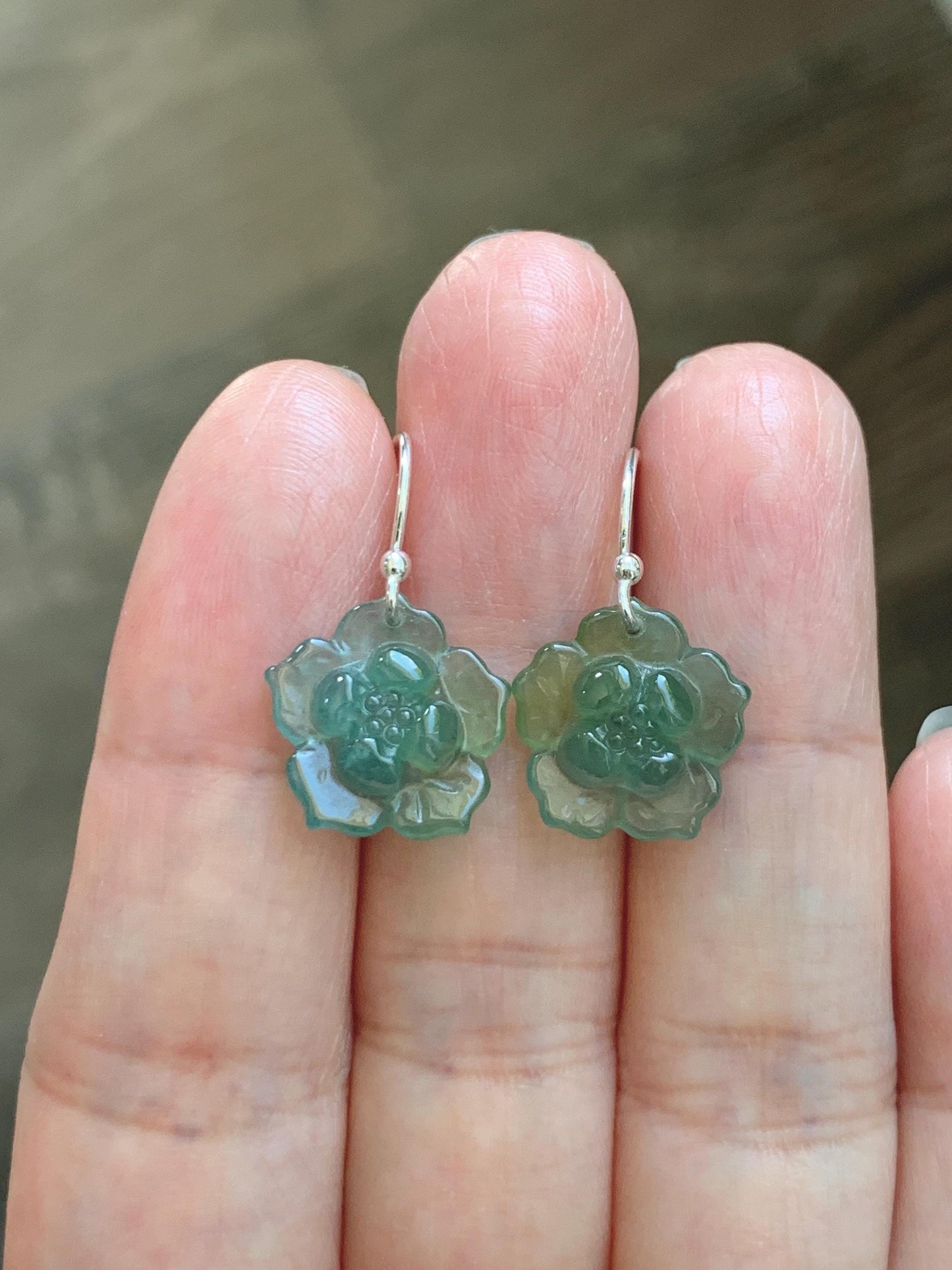Natural Grade A Guatemalan Icy Translucent Teal Blue Yellow Marbled Jade Jadeite Lotus Flower Earrings Sterling Silver 天然冰危蓝翡翠莲花耳钩 WLG88C