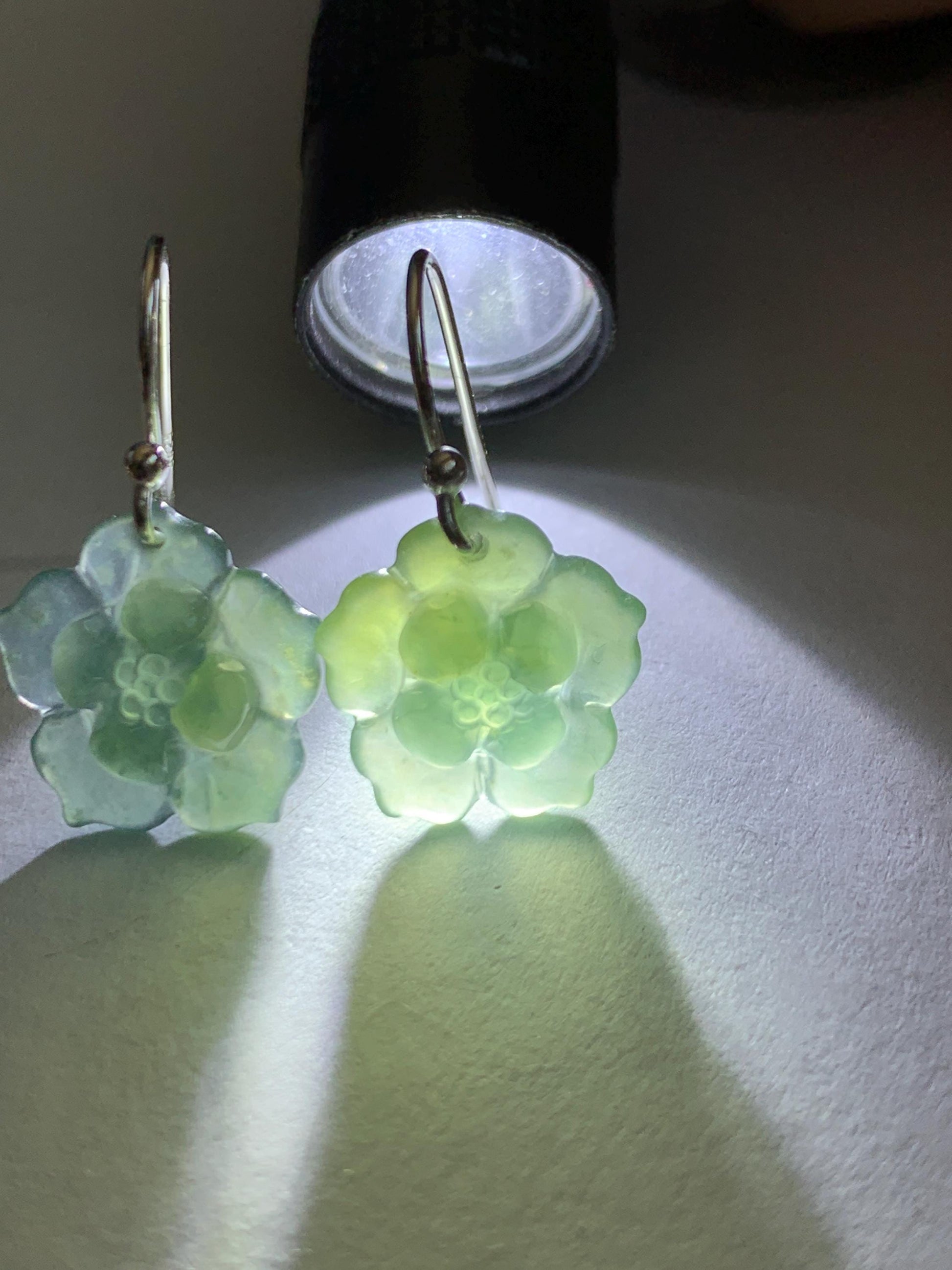 Natural Grade A Guatemalan Icy Translucent Teal Blue Yellow Marbled Jade Jadeite Lotus Flower Earrings Sterling Silver 天然冰危蓝翡翠莲花耳钩 WLG88C