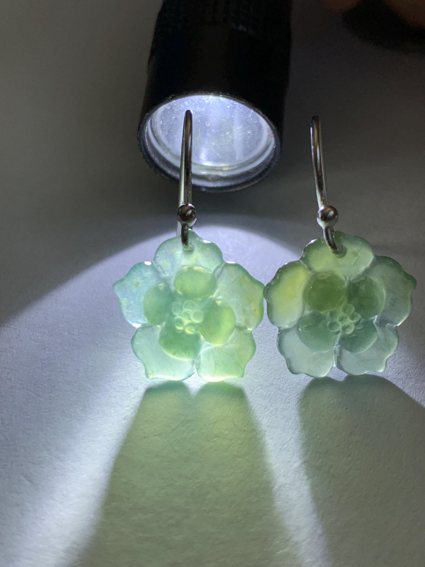 Natural Grade A Guatemalan Icy Translucent Teal Blue Yellow Marbled Jade Jadeite Lotus Flower Earrings Sterling Silver 天然冰危蓝翡翠莲花耳钩 WLG88C