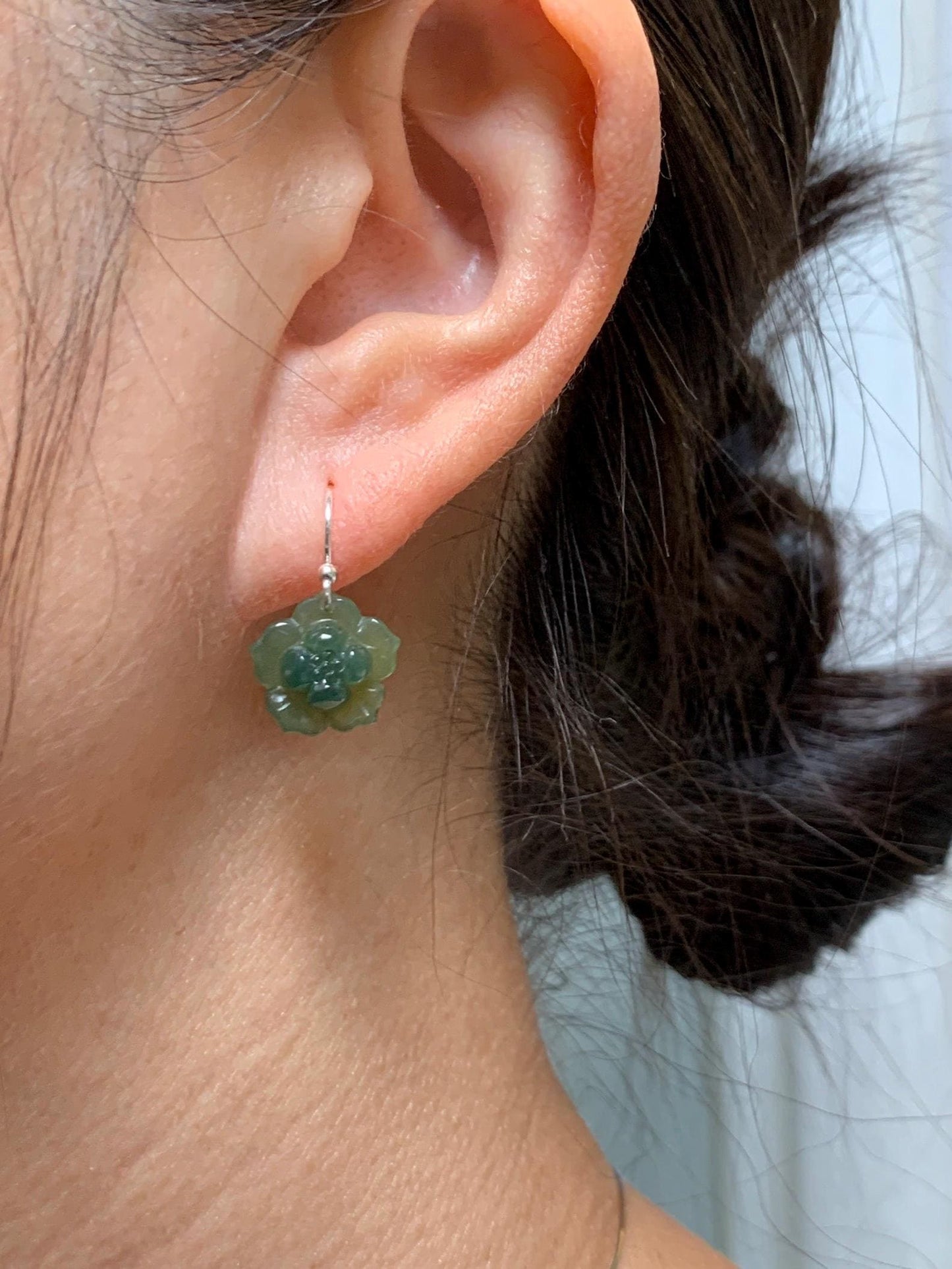Natural Grade A Guatemalan Icy Translucent Teal Green Yellow Marbled Jade Jadeite Lotus Flower Earrings Sterling Silver 天然冰危蓝绿翡翠莲花耳钩 WLG88B