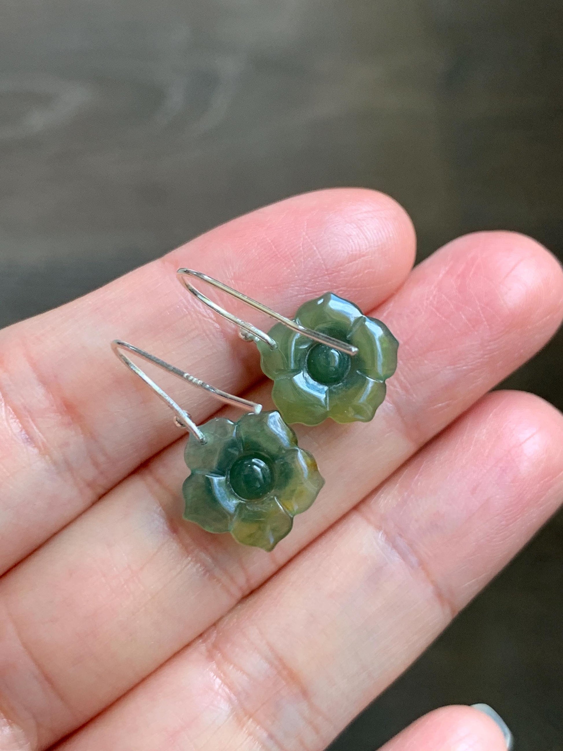 Natural Grade A Guatemalan Icy Translucent Teal Green Yellow Marbled Jade Jadeite Lotus Flower Earrings Sterling Silver 天然冰危蓝绿翡翠莲花耳钩 WLG88B