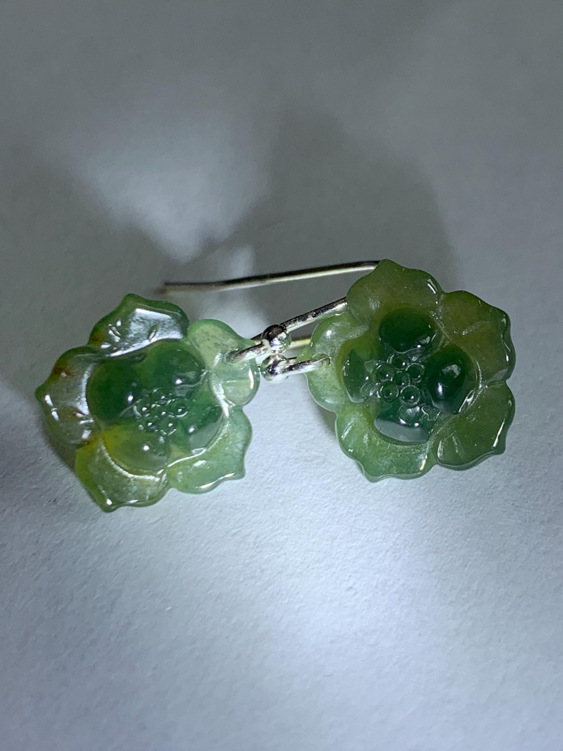Natural Grade A Guatemalan Icy Translucent Teal Green Yellow Marbled Jade Jadeite Lotus Flower Earrings Sterling Silver 天然冰危蓝绿翡翠莲花耳钩 WLG88B