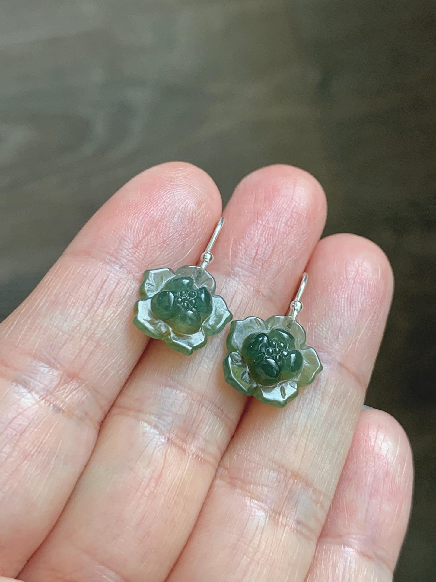 Natural Grade A Guatemalan Icy Translucent Teal Green Yellow Marbled Jade Jadeite Lotus Flower Earrings Sterling Silver 天然冰危蓝绿翡翠莲花耳钩 WLG88B