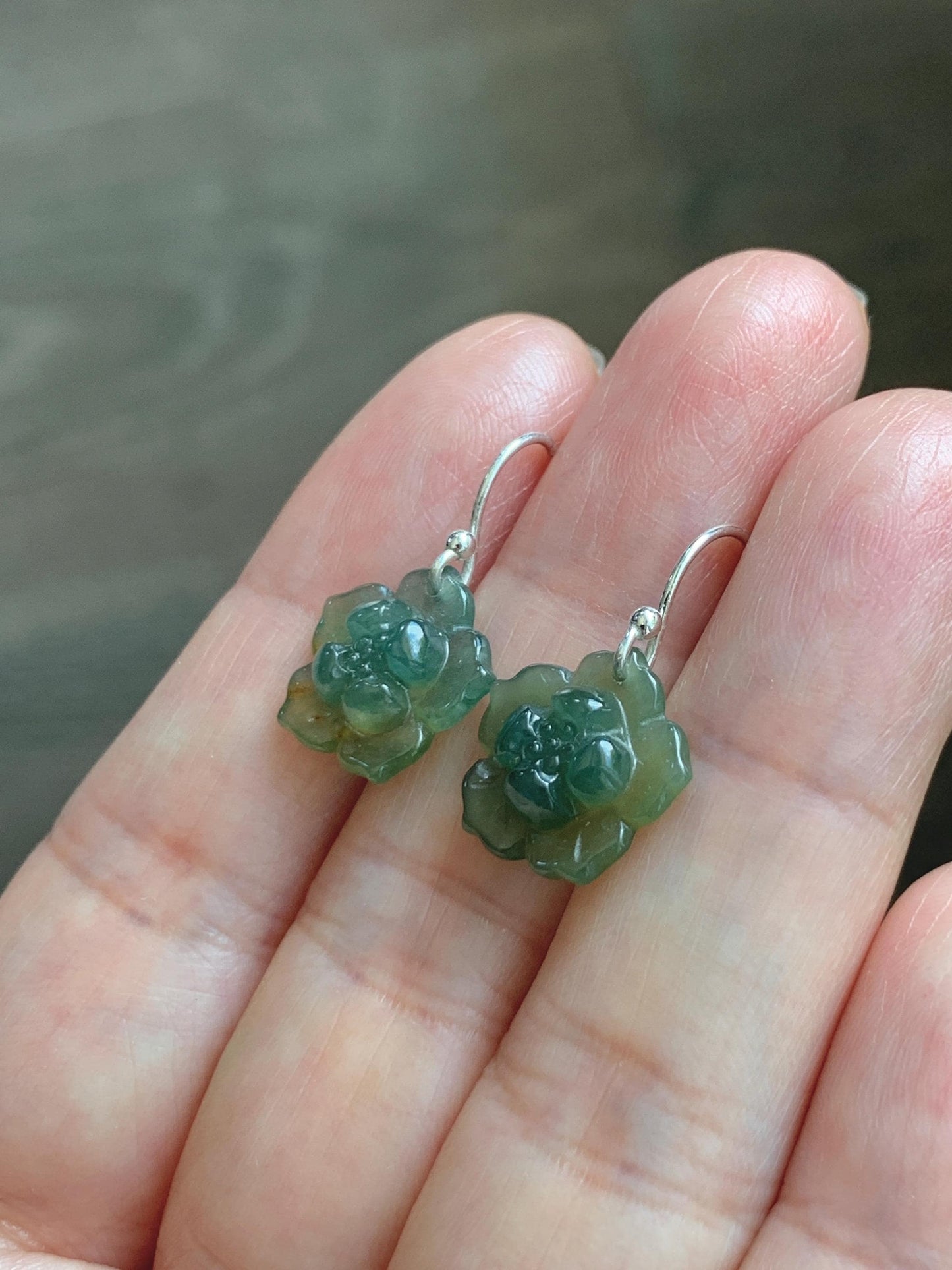 Natural Grade A Guatemalan Icy Translucent Teal Green Yellow Marbled Jade Jadeite Lotus Flower Earrings Sterling Silver 天然冰危蓝绿翡翠莲花耳钩 WLG88B
