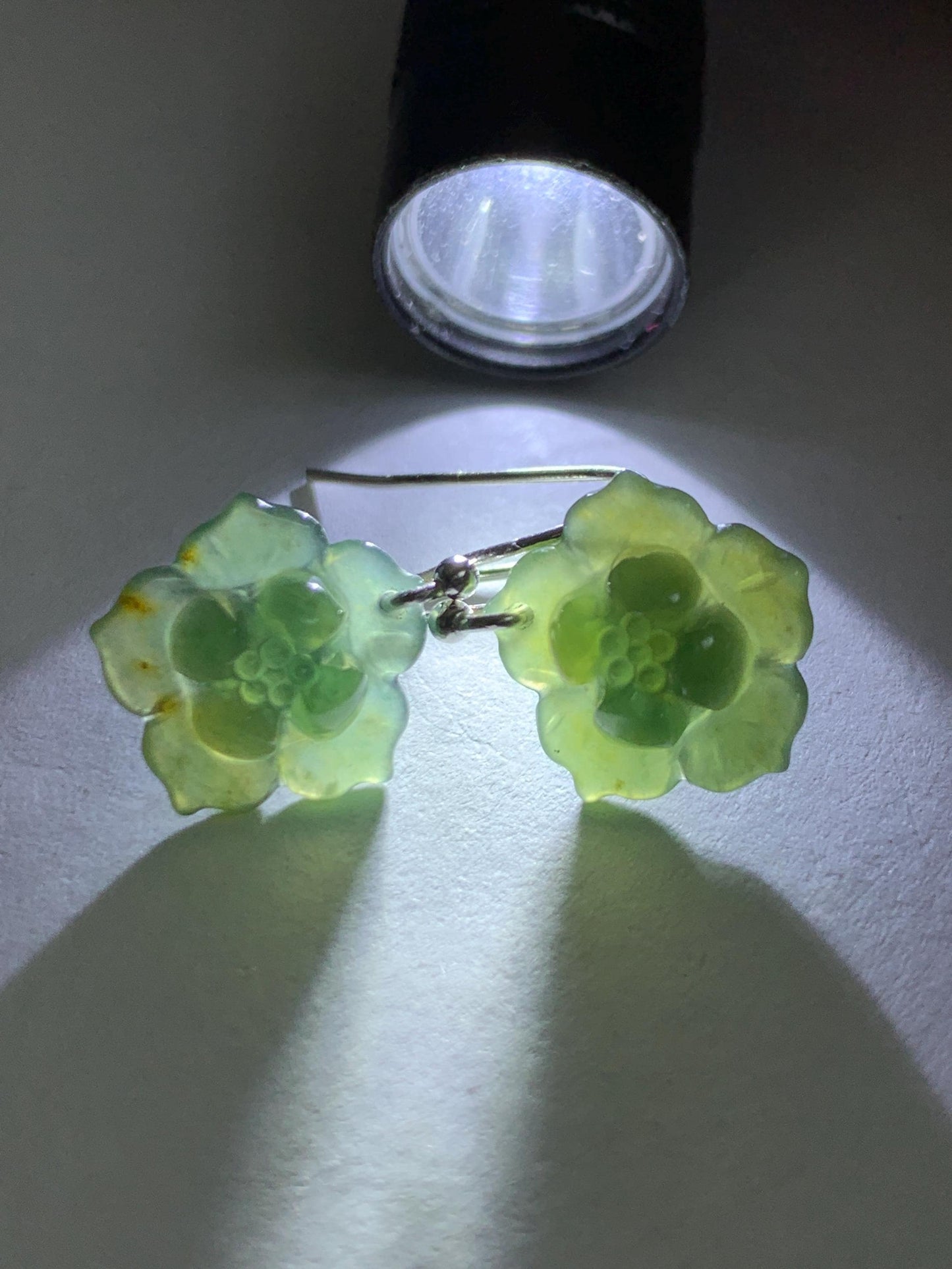 Natural Grade A Guatemalan Icy Translucent Teal Green Yellow Marbled Jade Jadeite Lotus Flower Earrings Sterling Silver 天然冰危蓝绿翡翠莲花耳钩 WLG88B