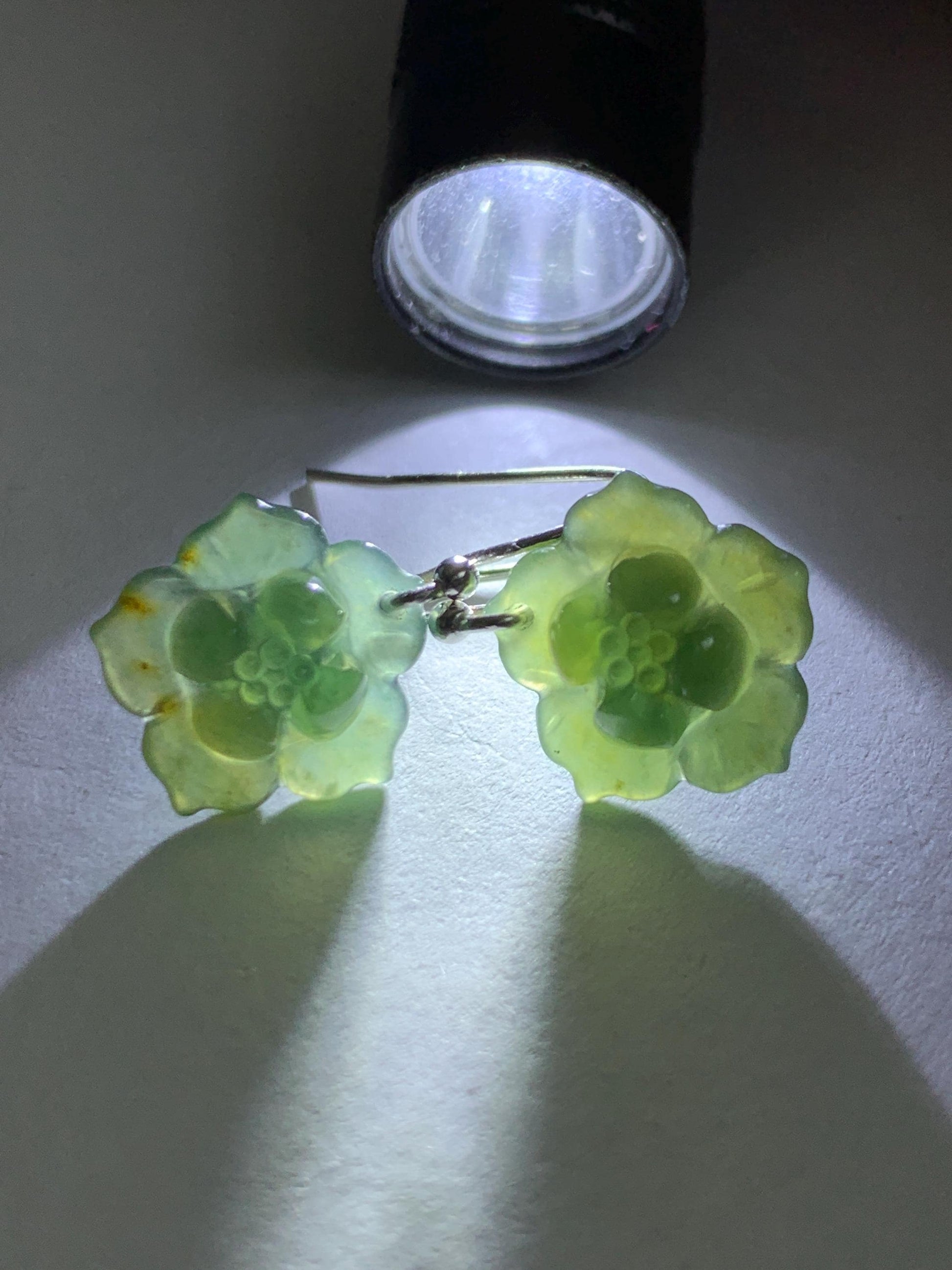 Natural Grade A Guatemalan Icy Translucent Teal Green Yellow Marbled Jade Jadeite Lotus Flower Earrings Sterling Silver 天然冰危蓝绿翡翠莲花耳钩 WLG88B
