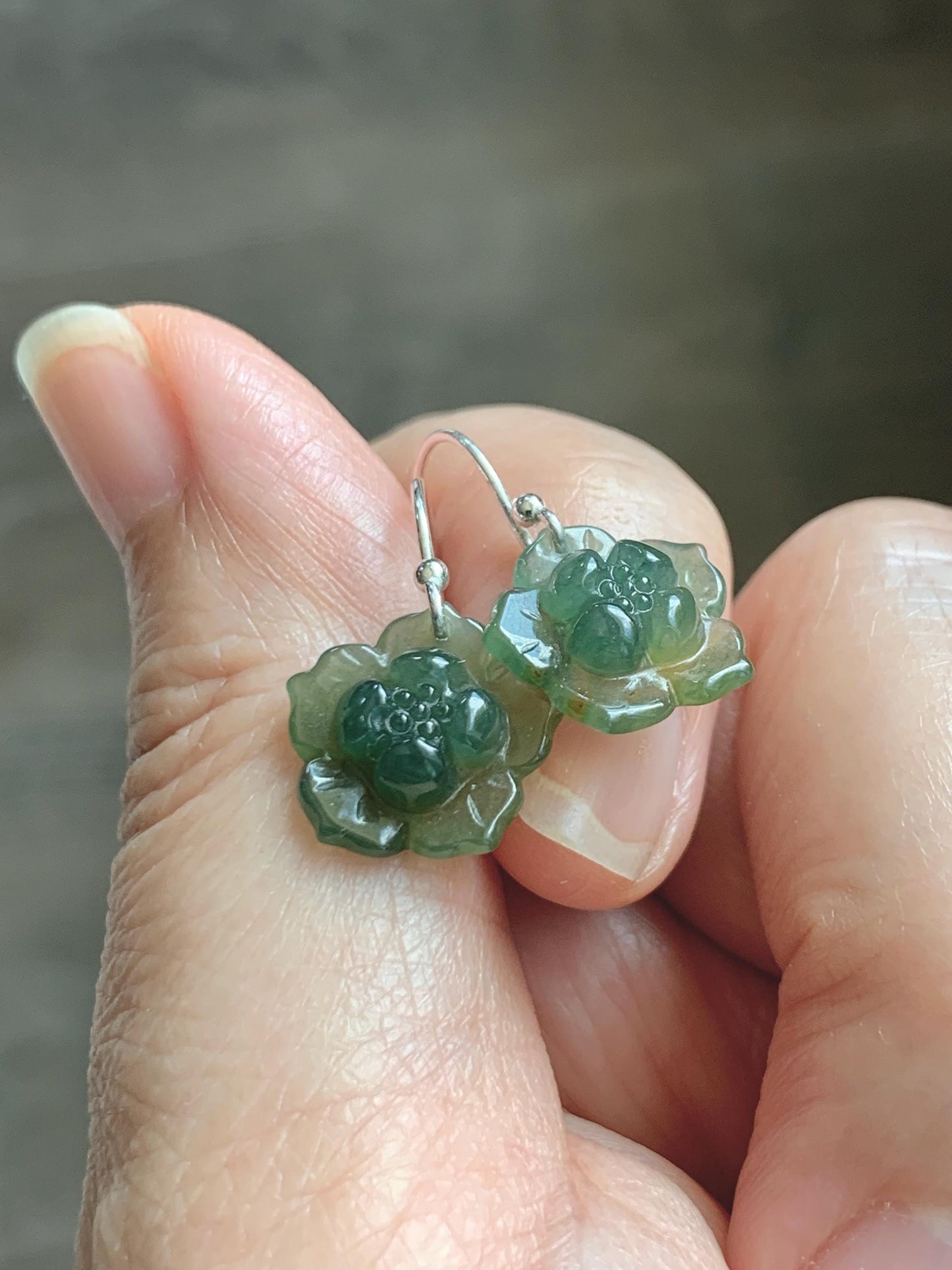 Natural Grade A Guatemalan Icy Translucent Teal Green Yellow Marbled Jade Jadeite Lotus Flower Earrings Sterling Silver 天然冰危蓝绿翡翠莲花耳钩 WLG88B