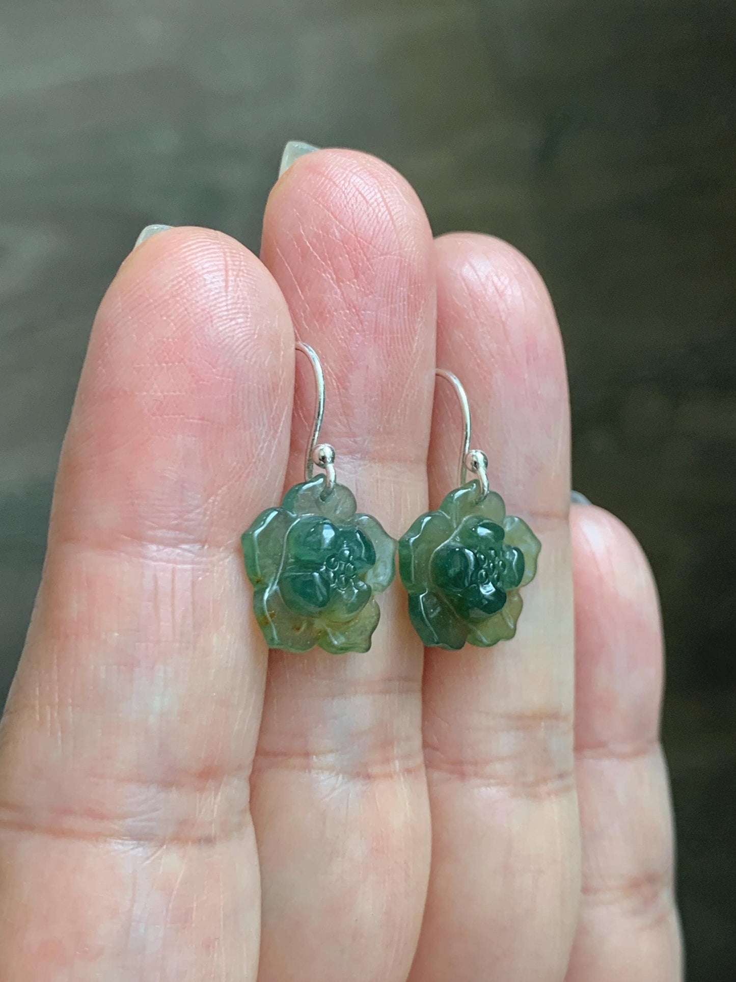 Natural Grade A Guatemalan Icy Translucent Teal Green Yellow Marbled Jade Jadeite Lotus Flower Earrings Sterling Silver 天然冰危蓝绿翡翠莲花耳钩 WLG88B