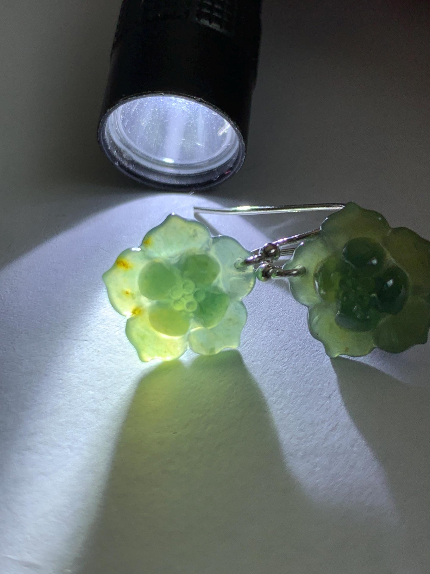 Natural Grade A Guatemalan Icy Translucent Teal Green Yellow Marbled Jade Jadeite Lotus Flower Earrings Sterling Silver 天然冰危蓝绿翡翠莲花耳钩 WLG88B