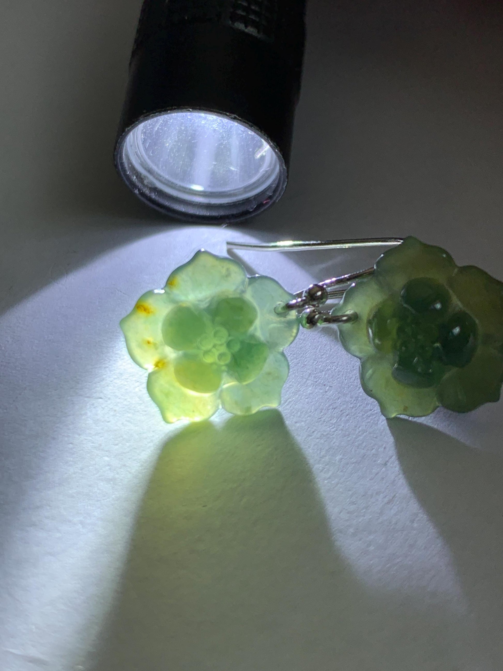 Natural Grade A Guatemalan Icy Translucent Teal Green Yellow Marbled Jade Jadeite Lotus Flower Earrings Sterling Silver 天然冰危蓝绿翡翠莲花耳钩 WLG88B