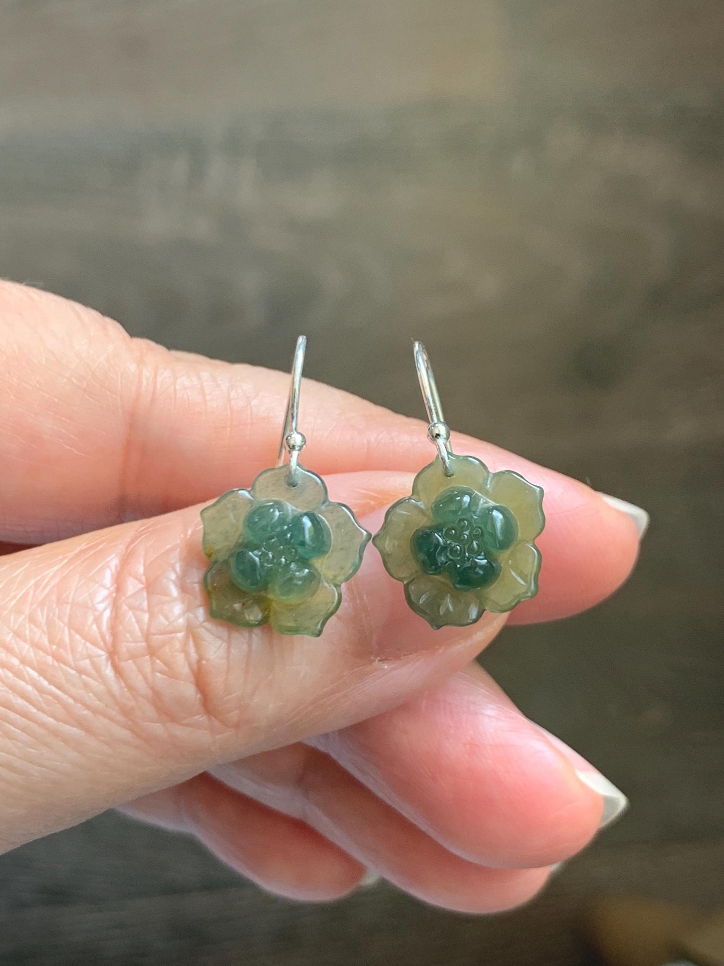Natural Grade A Guatemalan Icy Translucent Teal Green Yellow Marbled Jade Jadeite Lotus Flower Earrings Sterling Silver 天然冰危蓝绿翡翠莲花耳钩 WLG88B