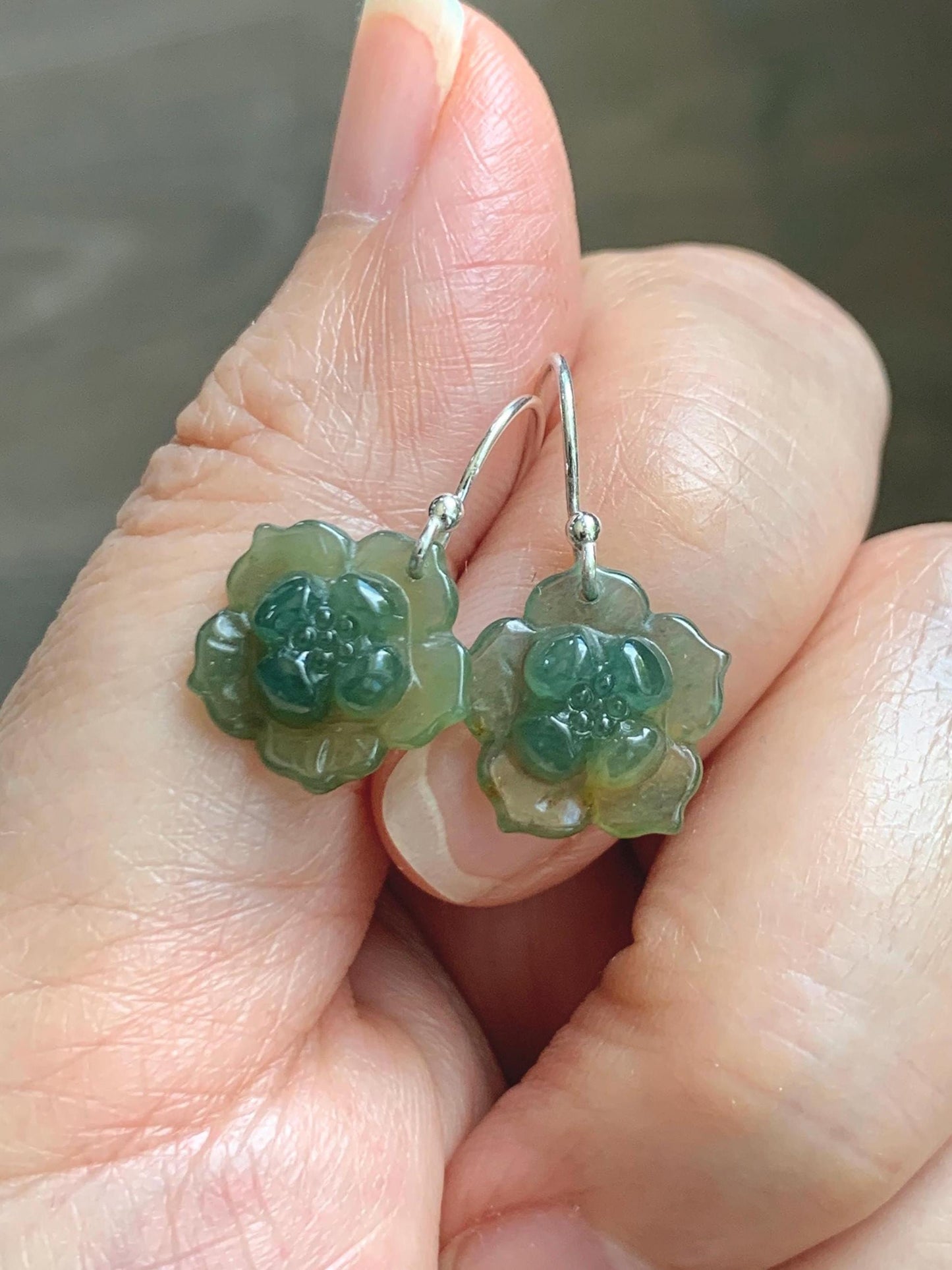 Natural Grade A Guatemalan Icy Translucent Teal Green Yellow Marbled Jade Jadeite Lotus Flower Earrings Sterling Silver 天然冰危蓝绿翡翠莲花耳钩 WLG88B