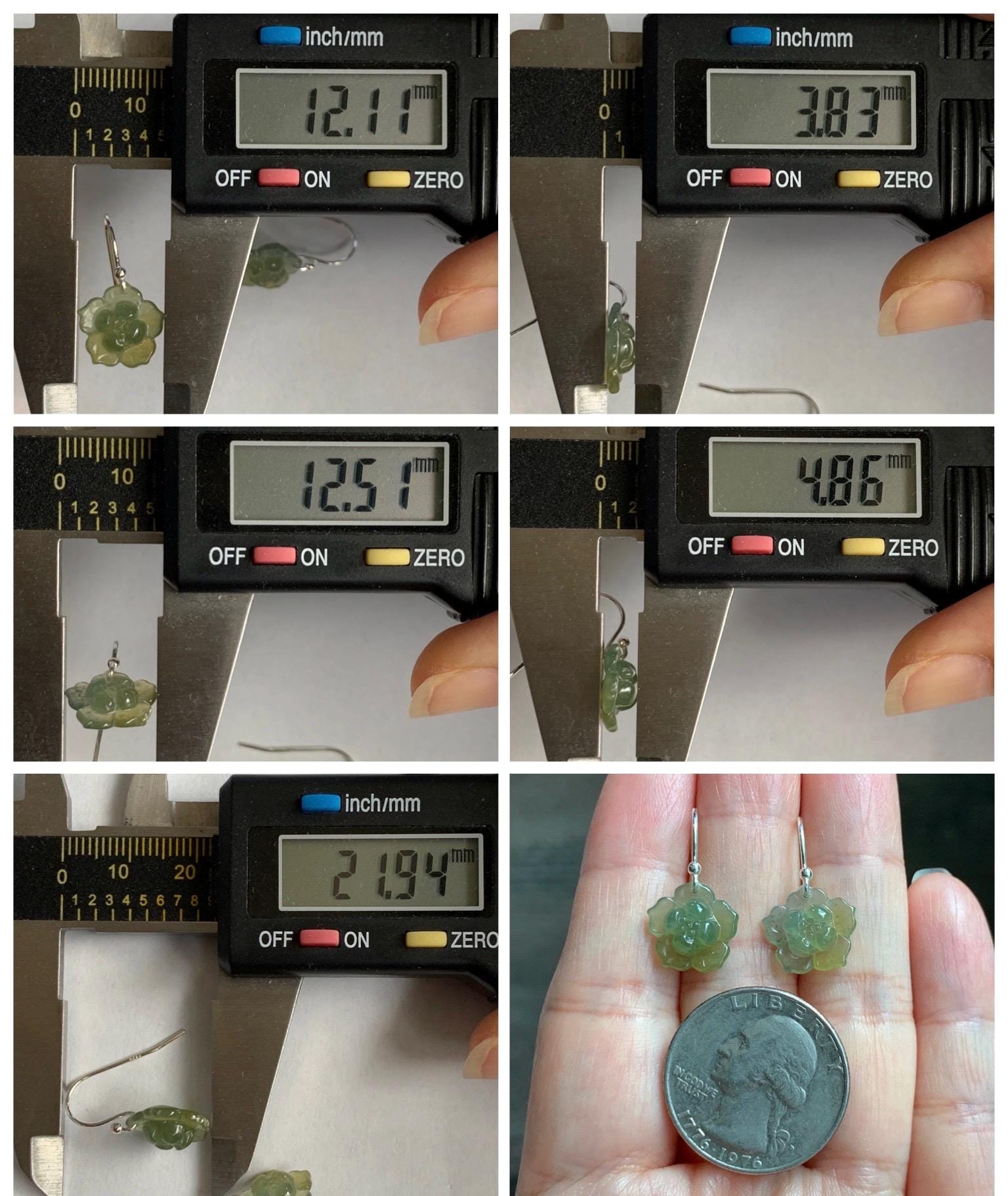 Natural Grade A Guatemalan Icy Translucent Teal Blue Yellow Marbled Jade Jadeite Lotus Flower Earrings Sterling Silver 天然冰危茶黄翡翠莲花耳钩 WLG88A