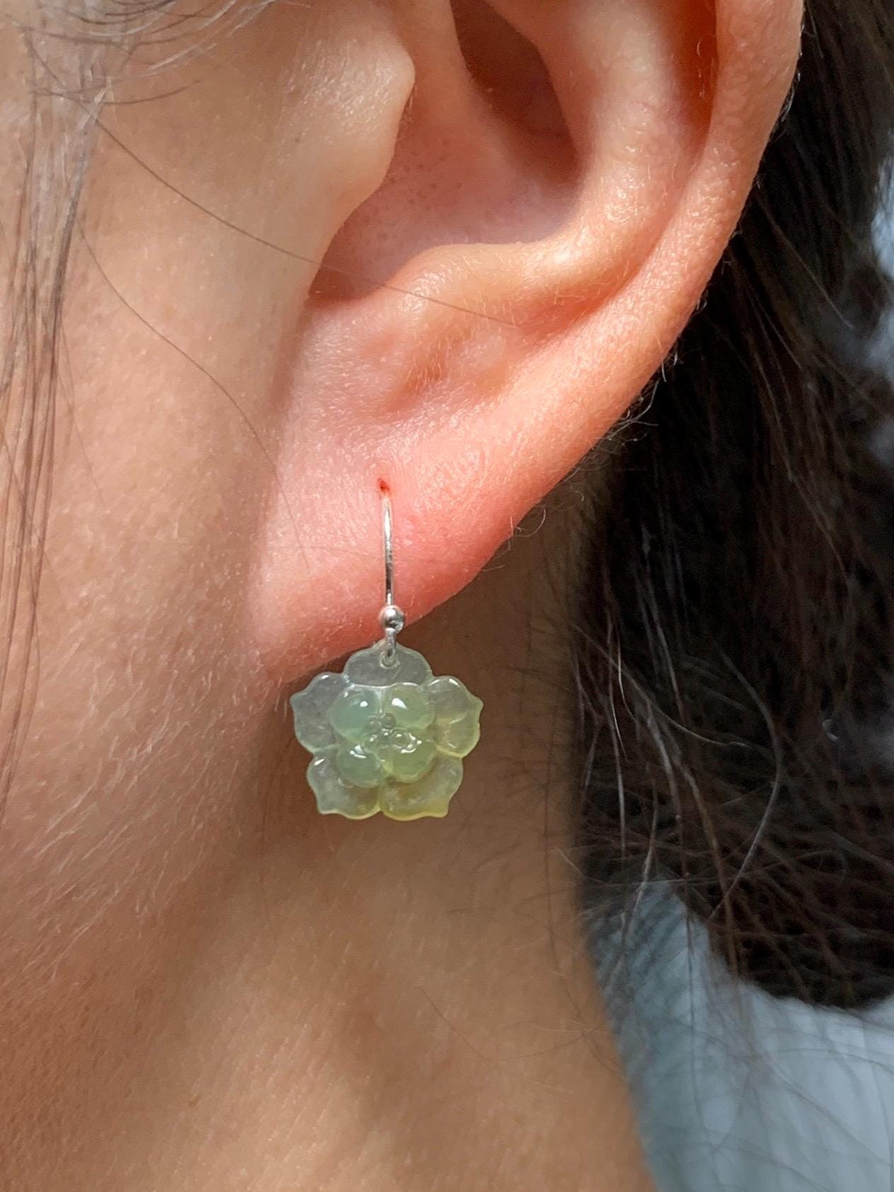Natural Grade A Guatemalan Icy Translucent Teal Blue Yellow Marbled Jade Jadeite Lotus Flower Earrings Sterling Silver 天然冰危茶黄翡翠莲花耳钩 WLG88A