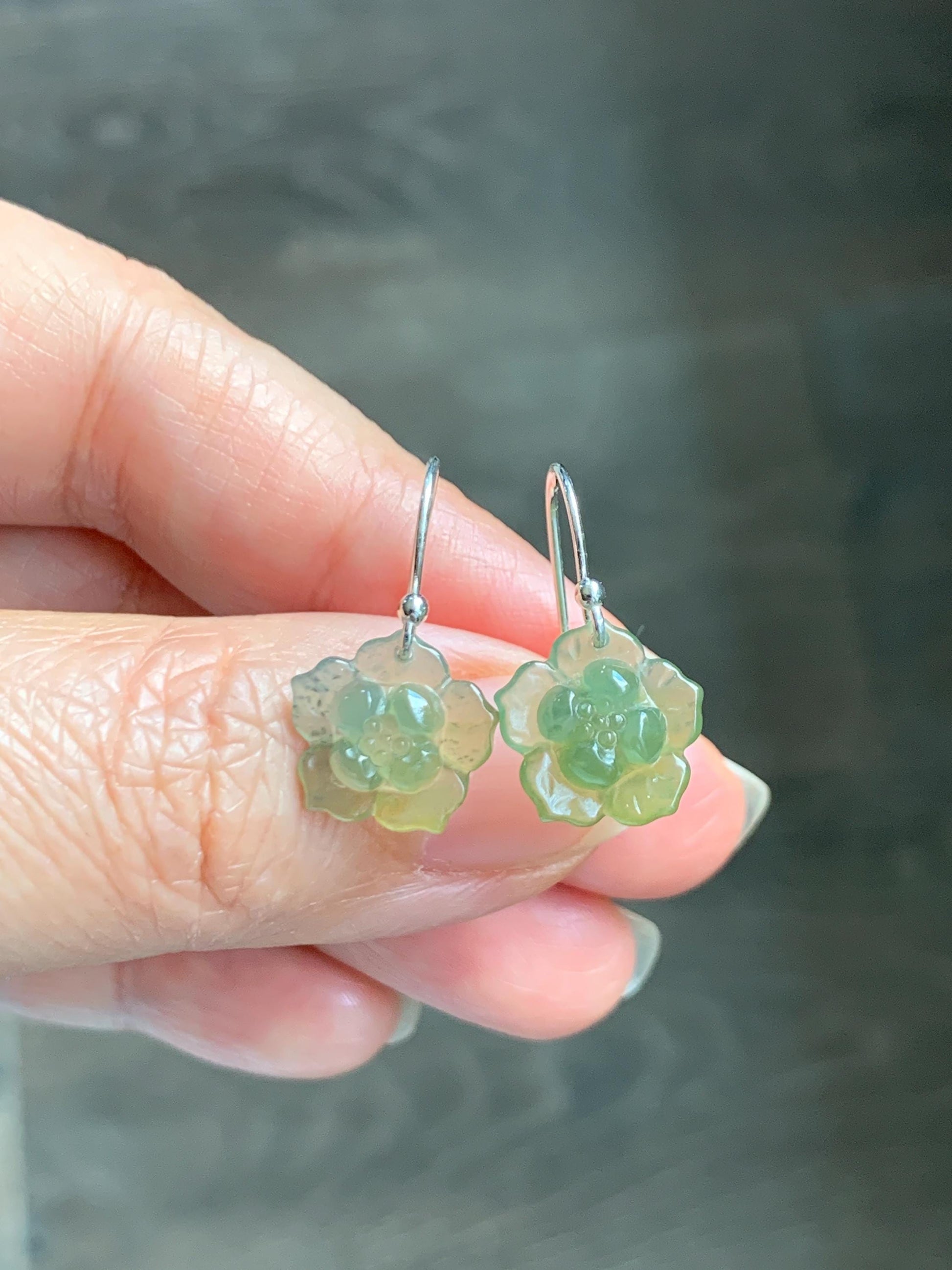 Natural Grade A Guatemalan Icy Translucent Teal Blue Yellow Marbled Jade Jadeite Lotus Flower Earrings Sterling Silver 天然冰危茶黄翡翠莲花耳钩 WLG88A