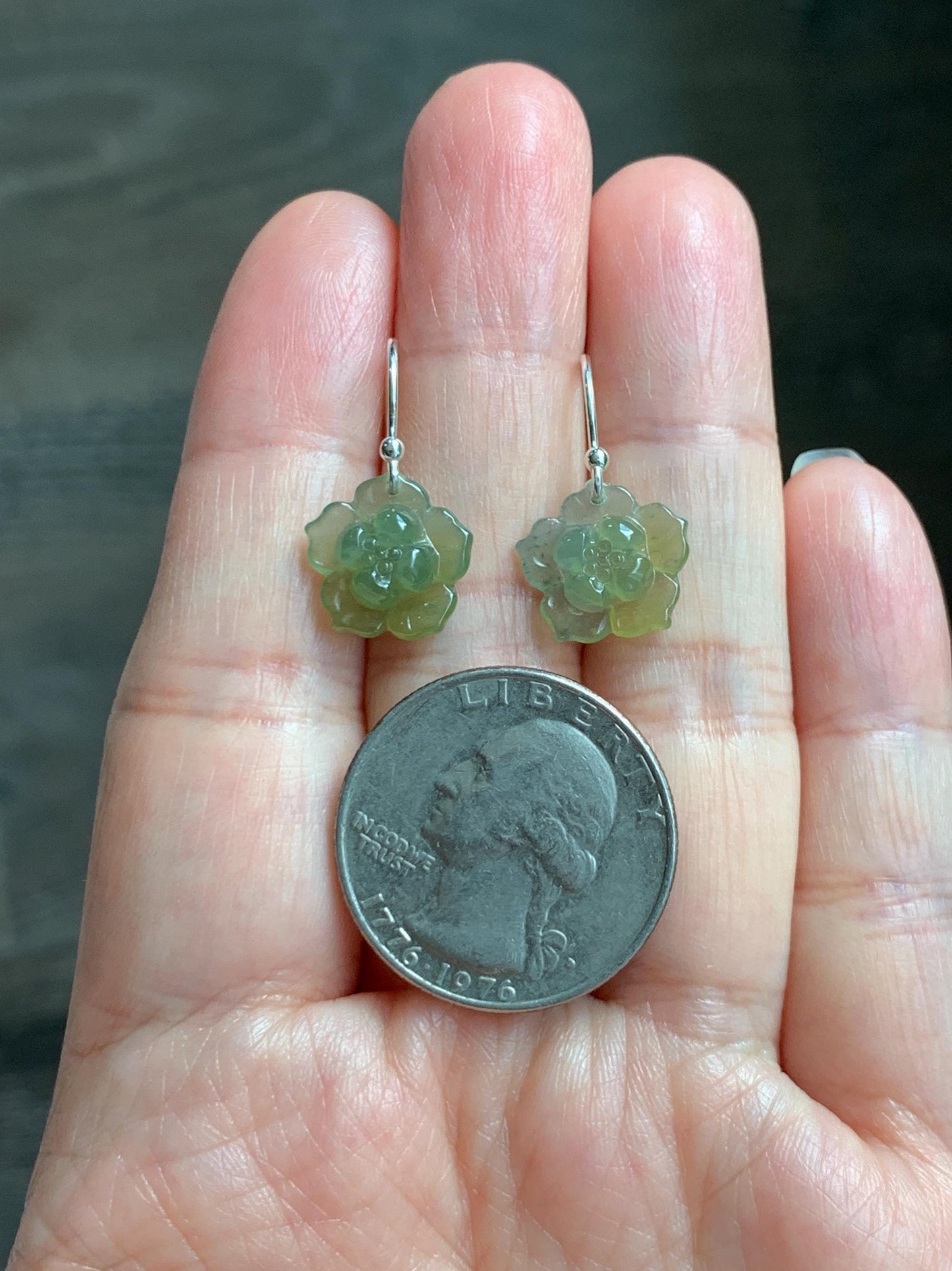 Natural Grade A Guatemalan Icy Translucent Teal Blue Yellow Marbled Jade Jadeite Lotus Flower Earrings Sterling Silver 天然冰危茶黄翡翠莲花耳钩 WLG88A