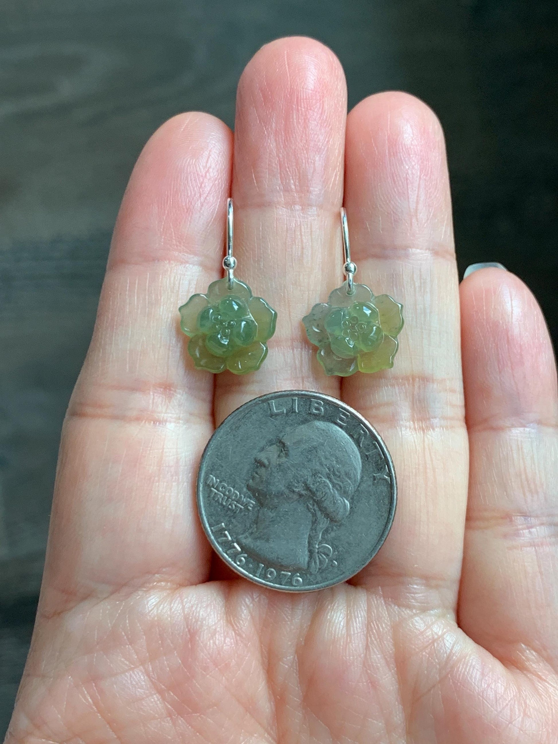 Natural Grade A Guatemalan Icy Translucent Teal Blue Yellow Marbled Jade Jadeite Lotus Flower Earrings Sterling Silver 天然冰危茶黄翡翠莲花耳钩 WLG88A