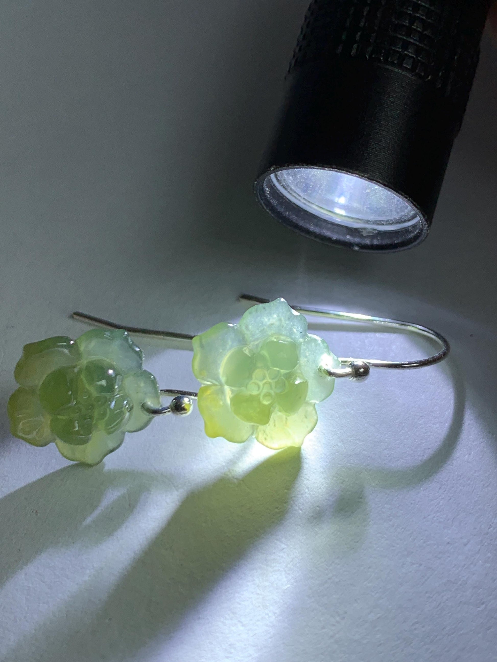 Natural Grade A Guatemalan Icy Translucent Teal Blue Yellow Marbled Jade Jadeite Lotus Flower Earrings Sterling Silver 天然冰危茶黄翡翠莲花耳钩 WLG88A