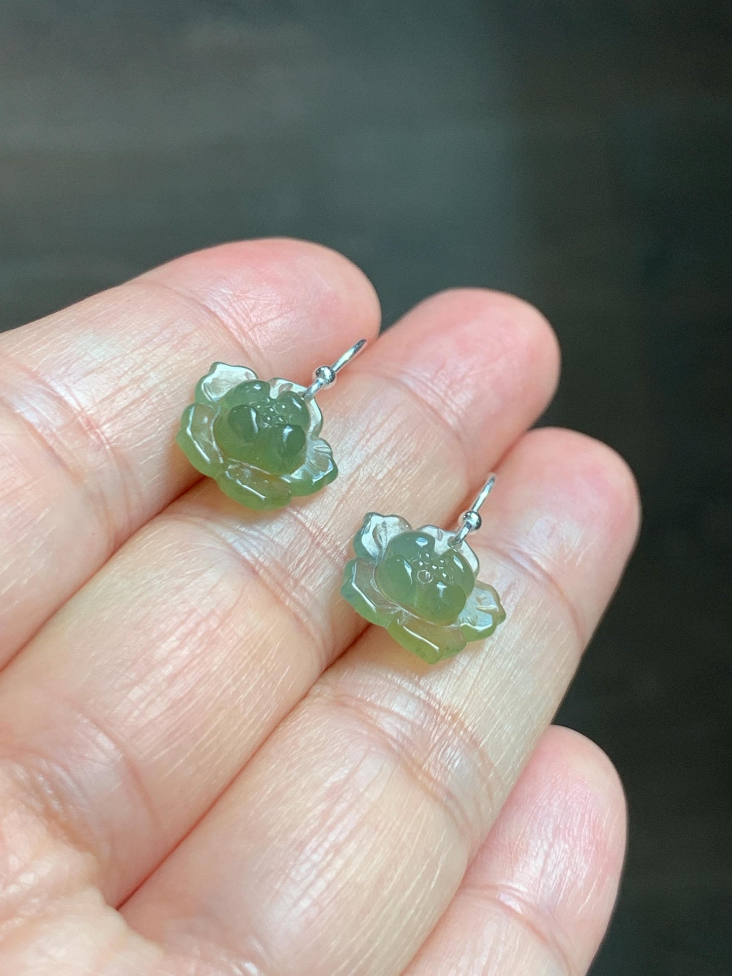 Natural Grade A Guatemalan Icy Translucent Teal Blue Yellow Marbled Jade Jadeite Lotus Flower Earrings Sterling Silver 天然冰危茶黄翡翠莲花耳钩 WLG88A