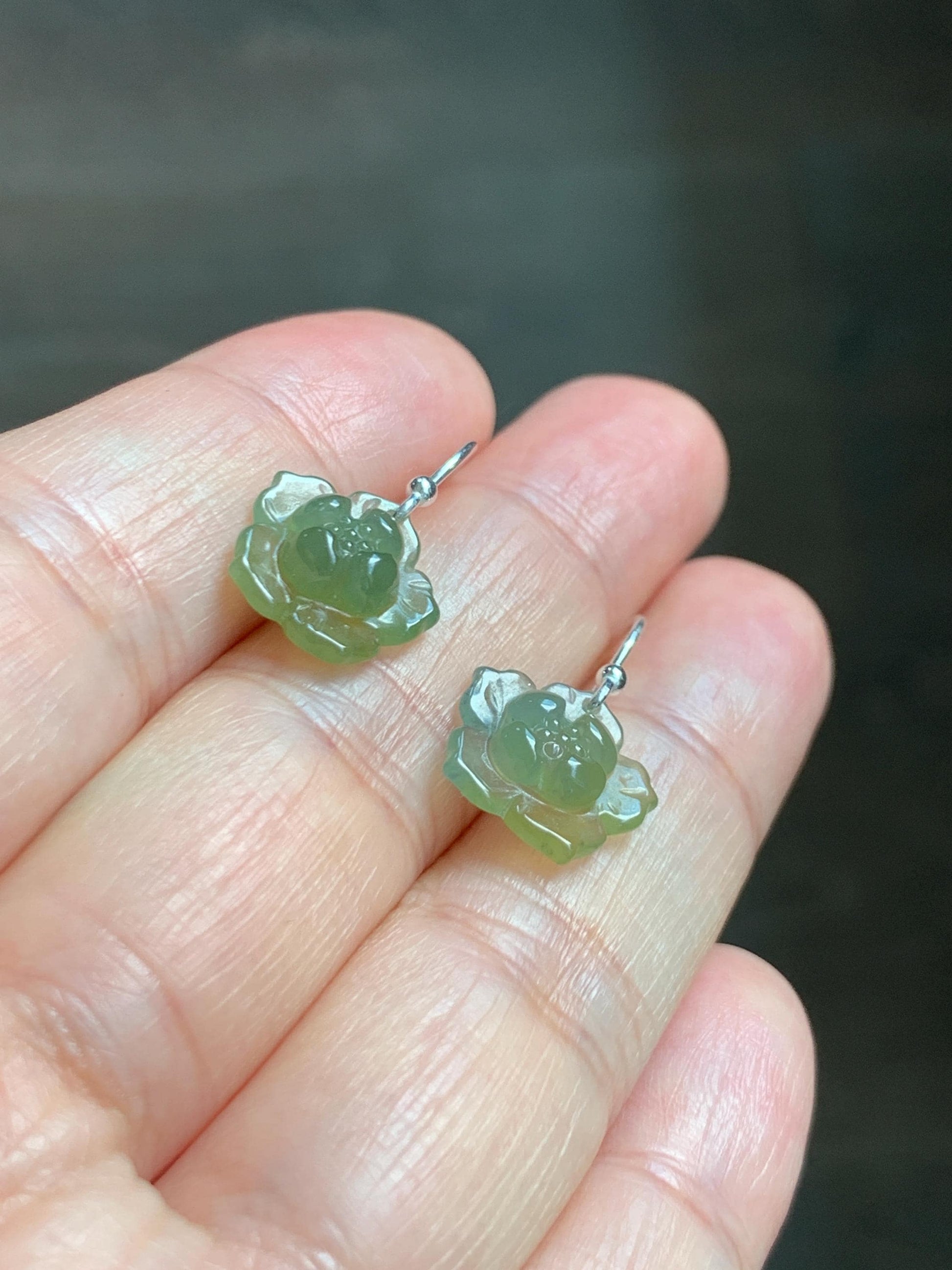 Natural Grade A Guatemalan Icy Translucent Teal Blue Yellow Marbled Jade Jadeite Lotus Flower Earrings Sterling Silver 天然冰危茶黄翡翠莲花耳钩 WLG88A