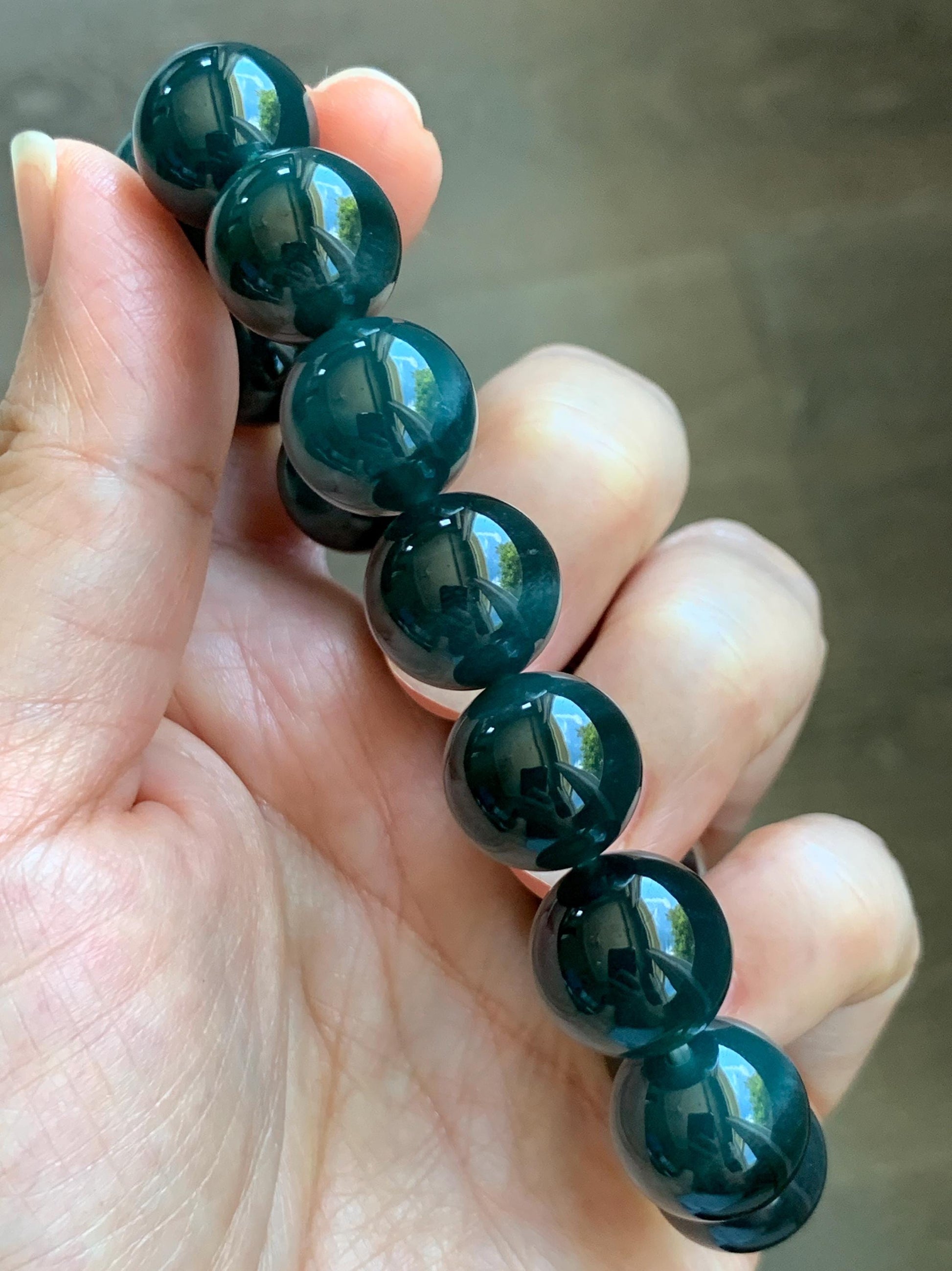 LARGE Natural Grade A Guatemalan Icy Translucent Dark Teal Green Jade Jadeite Beaded Bracelet 13.9mm 7.75” 70g 天然冰危深老蓝水翡翠大卡手串 WDS660A