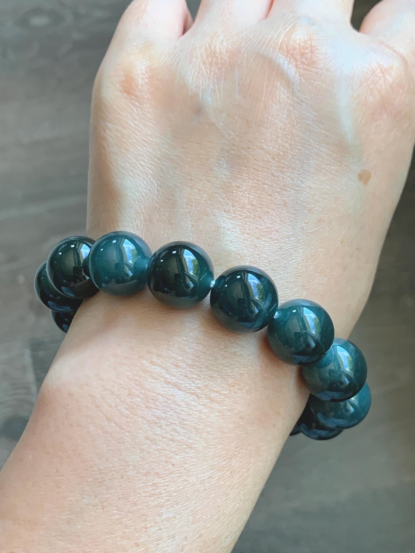LARGE Natural Grade A Guatemalan Icy Translucent Dark Teal Green Jade Jadeite Beaded Bracelet 13.9mm 7.75” 70g 天然冰危深老蓝水翡翠大卡手串 WDS660A