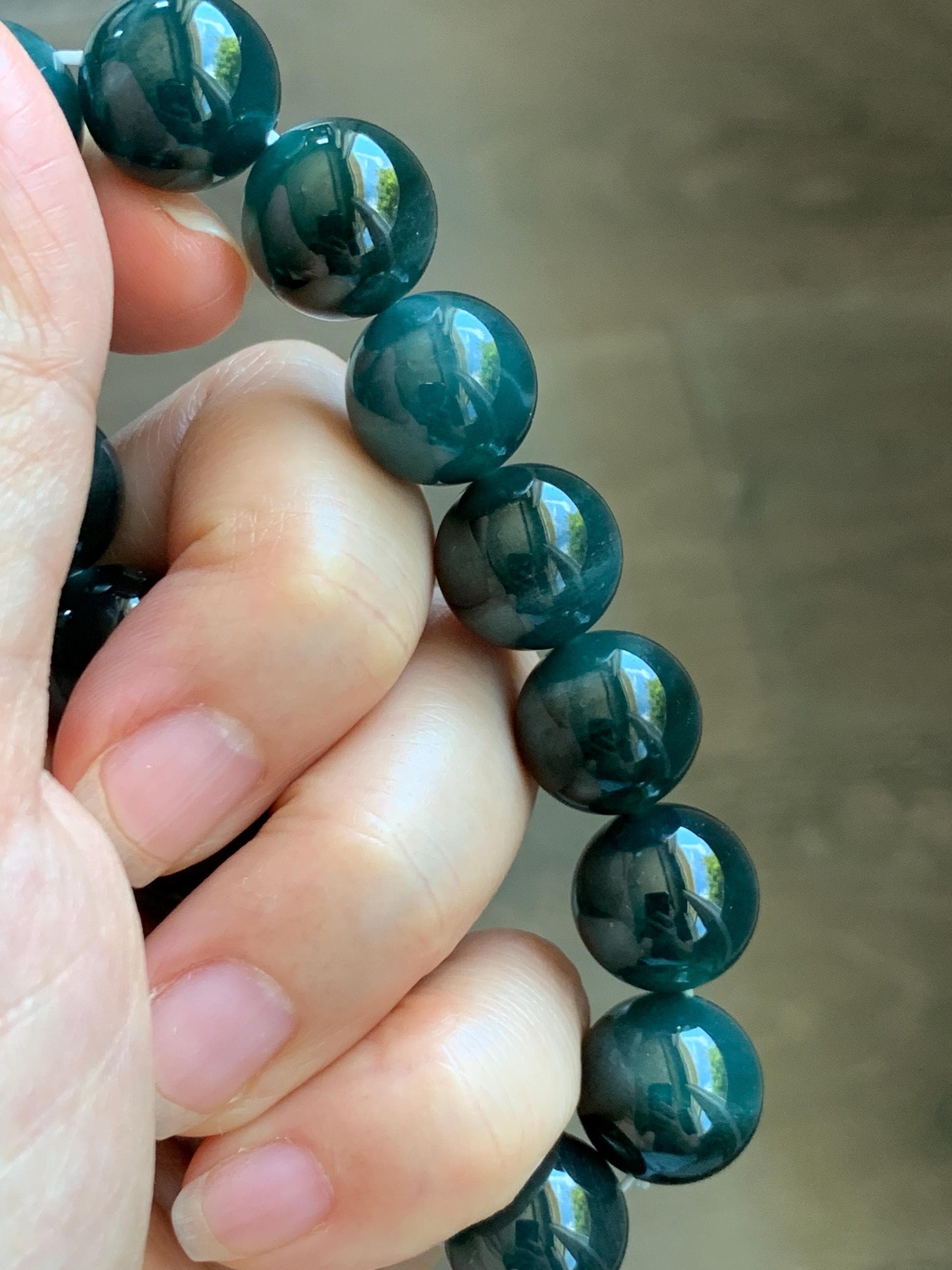 LARGE Natural Grade A Guatemalan Icy Translucent Dark Teal Green Jade Jadeite Beaded Bracelet 13.9mm 7.75” 70g 天然冰危深老蓝水翡翠大卡手串 WDS660A
