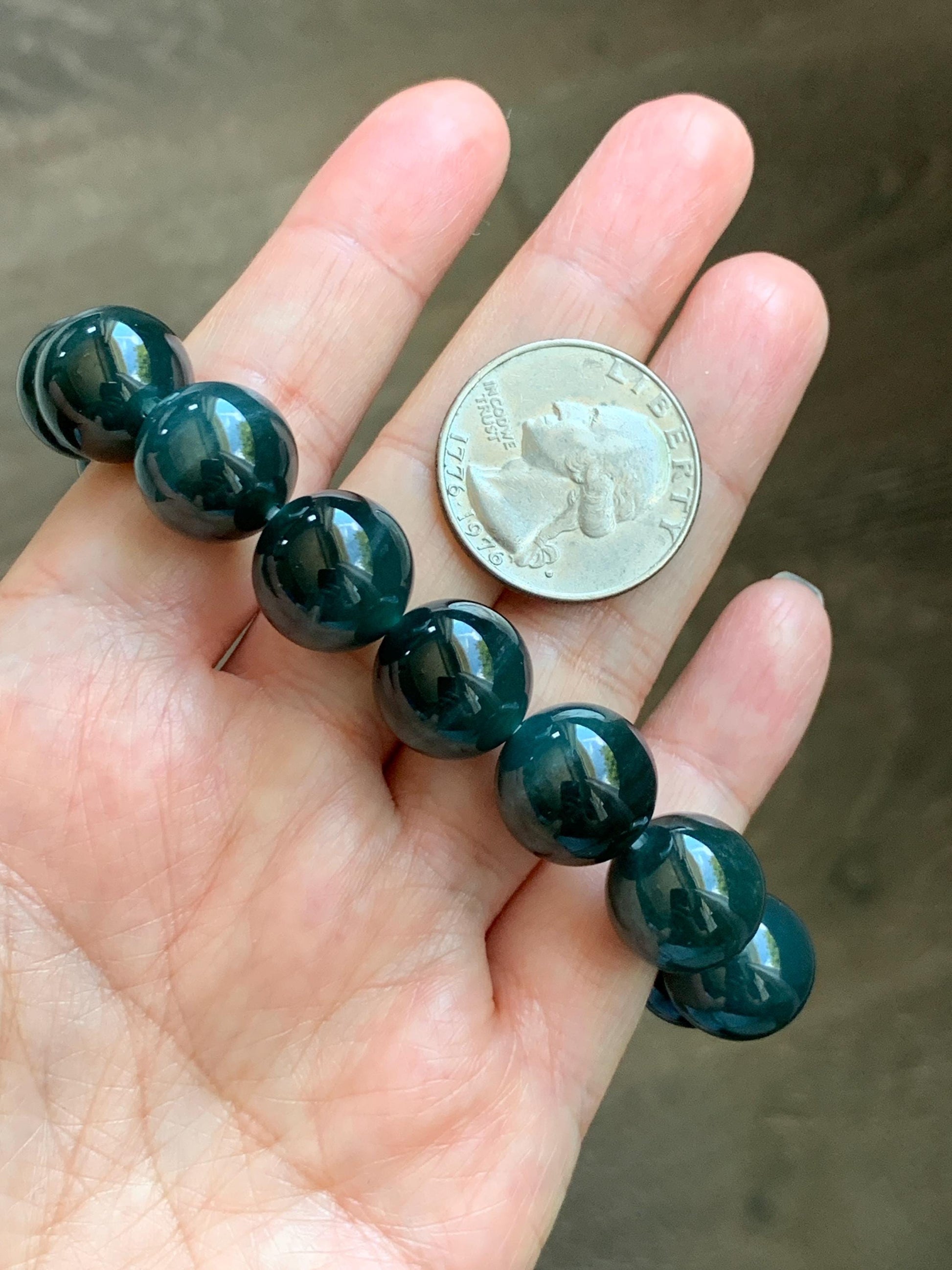 LARGE Natural Grade A Guatemalan Icy Translucent Dark Teal Green Jade Jadeite Beaded Bracelet 13.9mm 7.75” 70g 天然冰危深老蓝水翡翠大卡手串 WDS660A